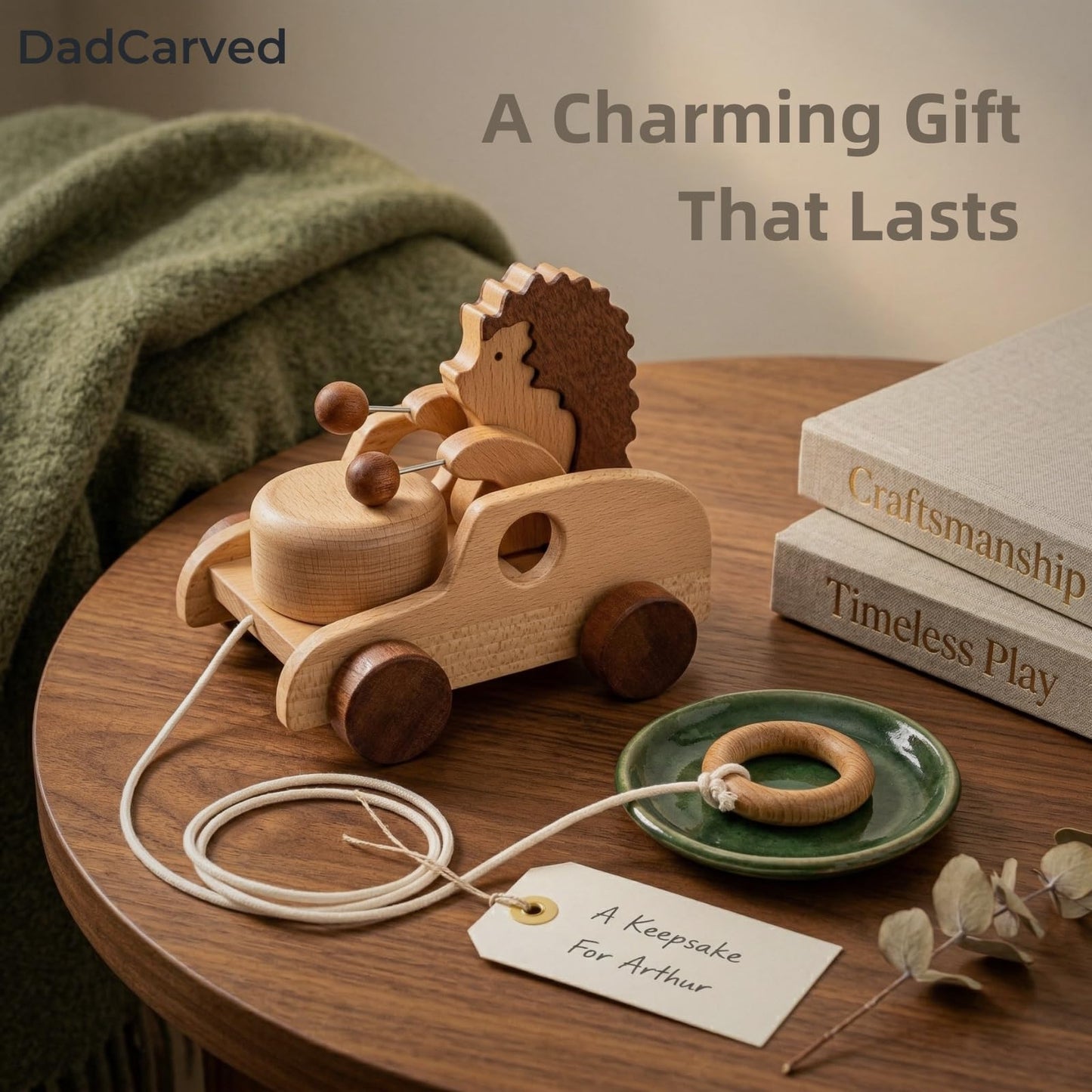 DadCarved Hedgehog Pull Toy | Montessori Wooden Pull-Along Walking Toy with Wooden Grip Ring | Natural Drumming Sound for Kid Toddlers