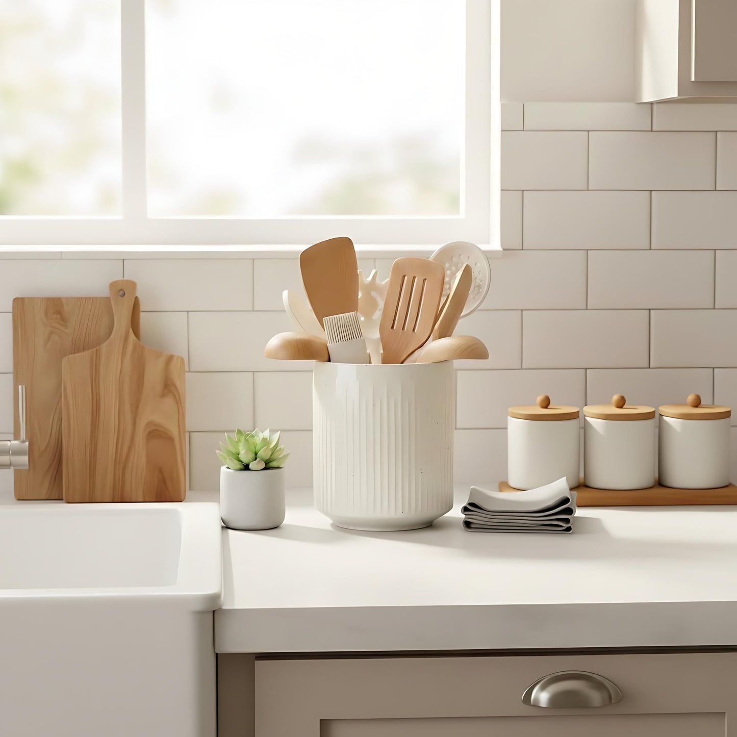 JIEMEI HOME Kitchen Utensil Holder, 7.2" Large Ceramic Stable Utensil Crock for Countertop, Utensil Organizer with Cork Mat, Removable Bamboo Divider for Easy, Kitchen Decor, Aged Ivory Speckle