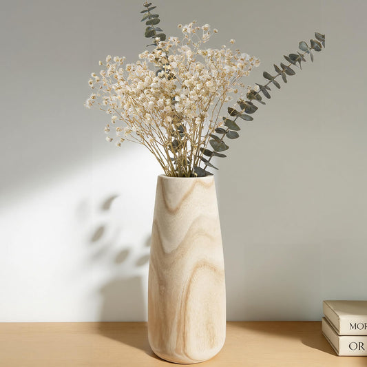 Natural Wood Vase for Dried Flowers – 12 Inch Decorative Table Vase