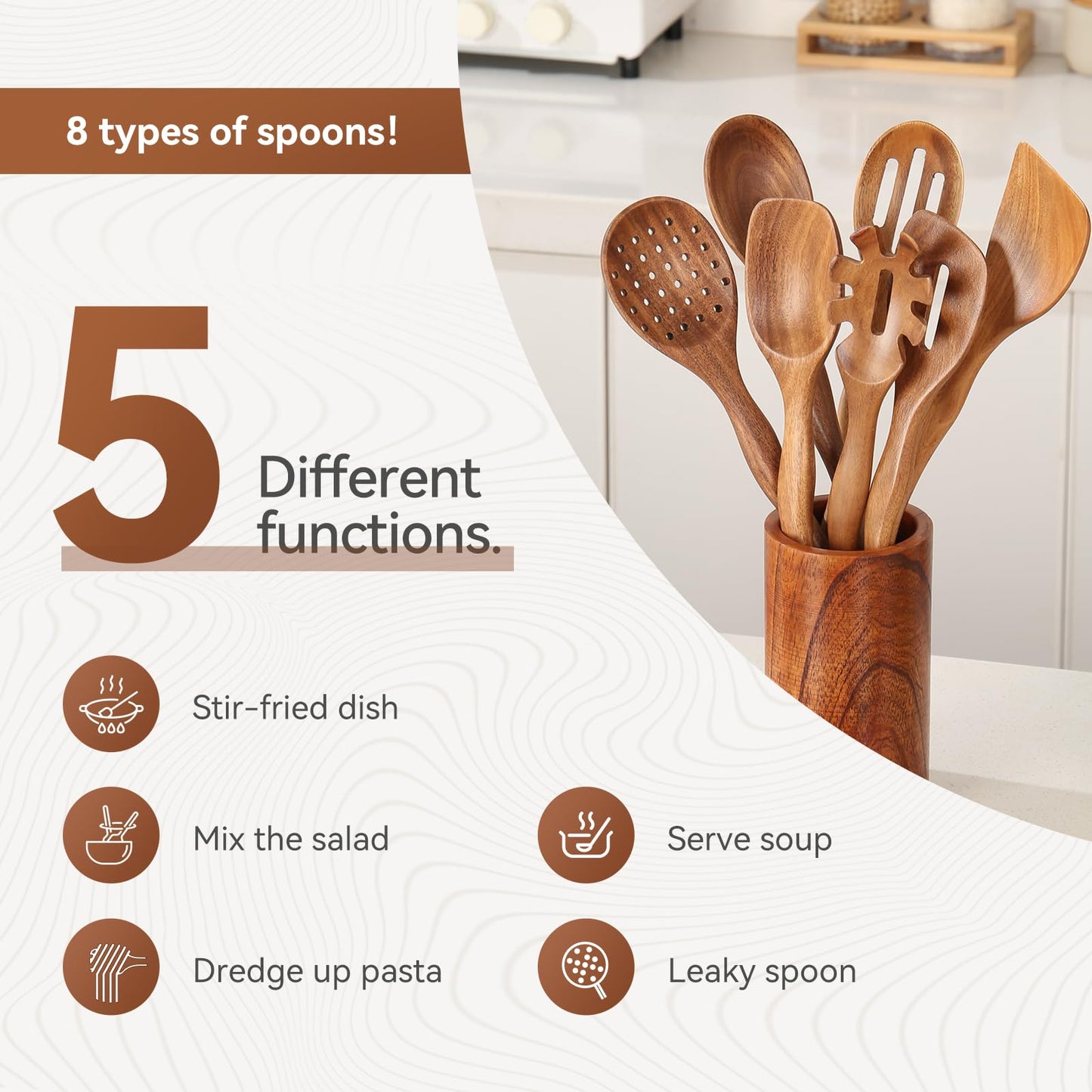 NAYAHOSE Kitchen 10PCS Teak Wooden Utensil Set with Holder and Spoon Rest