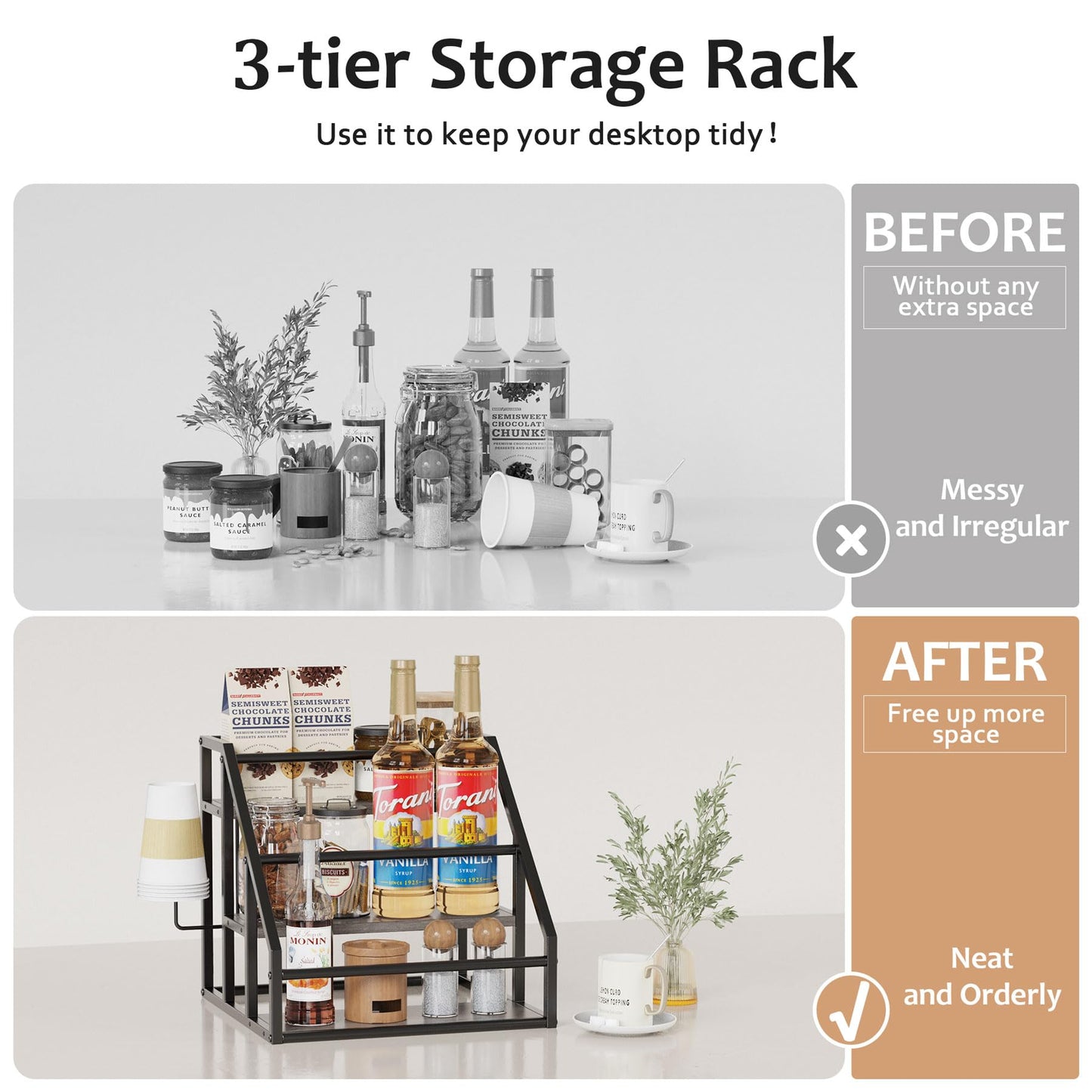 Vantimo Coffee Syrup Rack Organizer, 3 Tier Countertop Storage Shelves, Kitchen Storage, 12 Syrup Bottle Stand Holder for Wine, Liquor, Kitchen Coffee Station Organizer Rack, 13.8"x13.4"x13.0", Grey