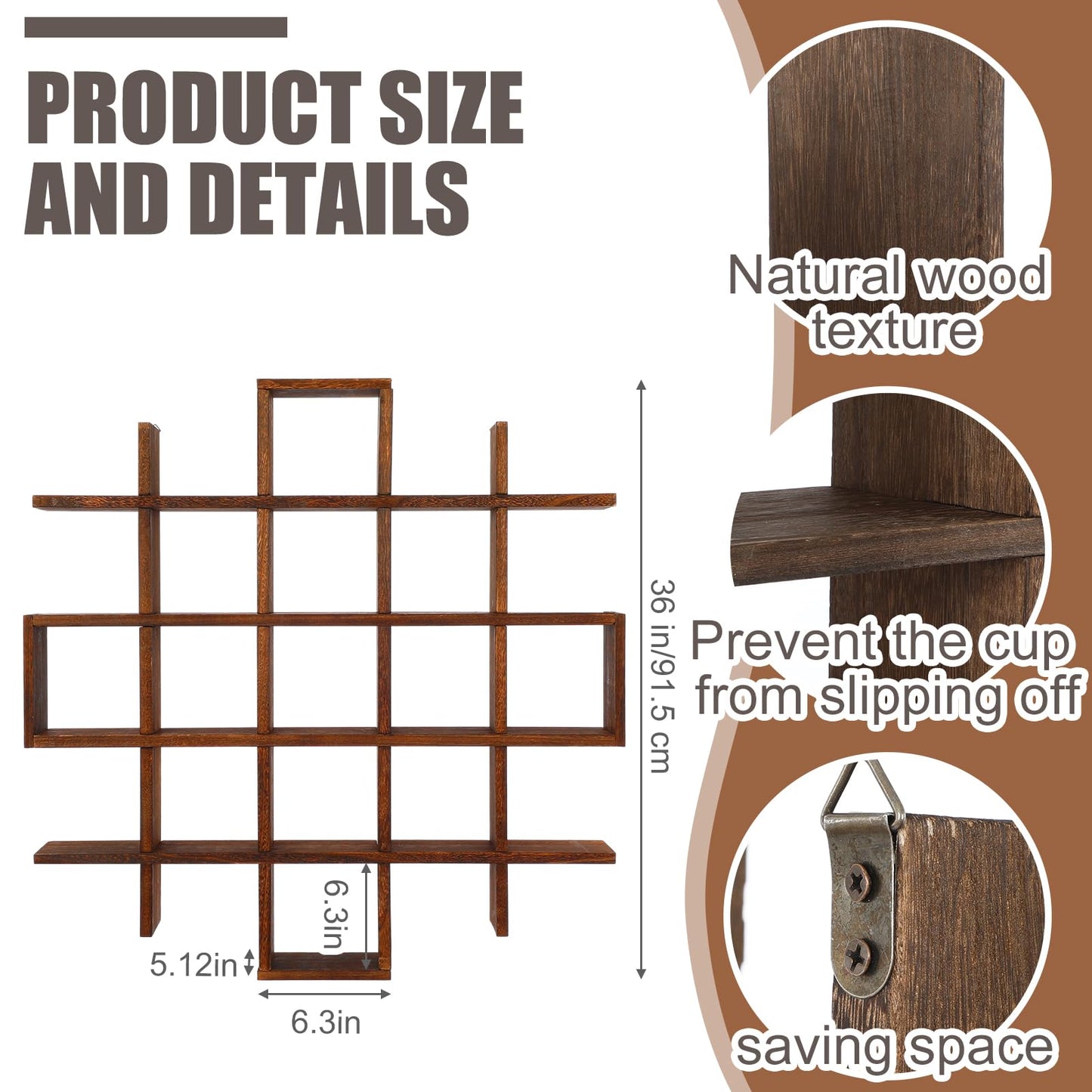 Suzile Oversize Tea Cups and Saucers Shelf Rustic Wooden Coffee Display Shelves Wooden Floating Curio Shelf Mounted Tea and Saucer Rack Holder for Kitchen Station Bar Accessories(Brown)