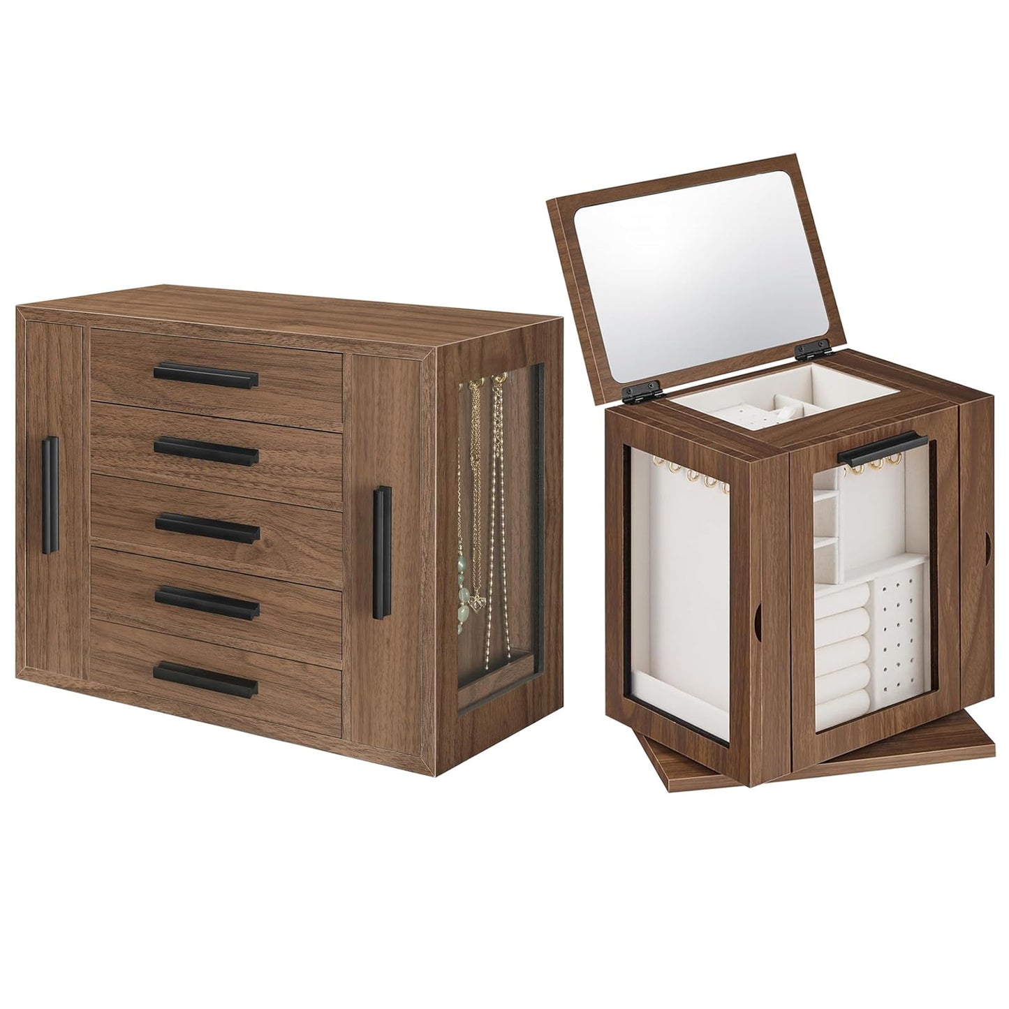 HOOBRO 5-Tier Jewelry Box, Wooden Jewelry Organizer with Transparent Windows and 360° Rotating Jewelry Box with Mirror, Jewelry Organizer with 4 Drawers Bundle, BH19JB04-BH31JB04
