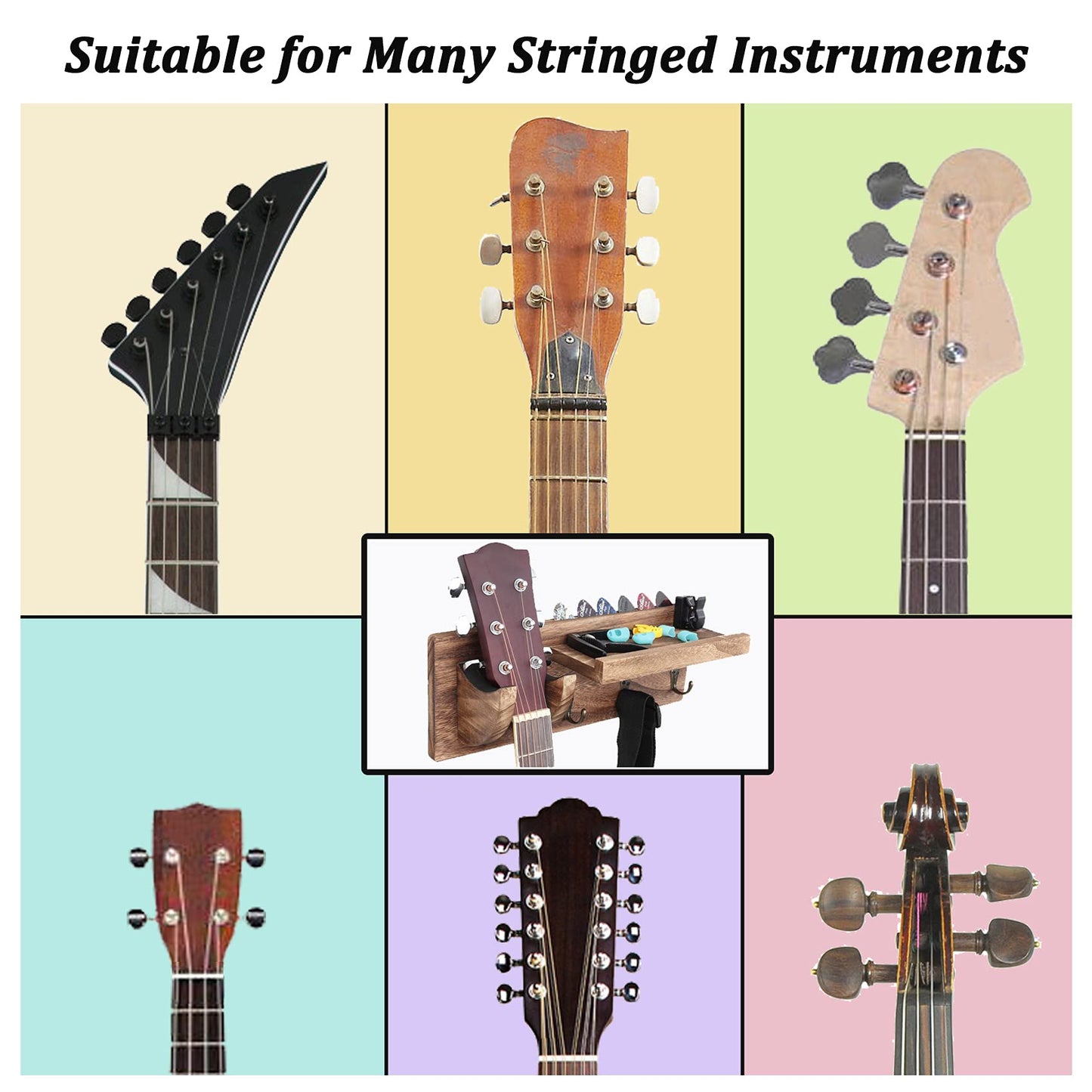 Bikoney Guitar Wall Mount Hanger with Shelf, Guitar Holder Wall with Pick Holder and 3 Hooks, Guitar Stand Wall for Acoustic, Electric, Bass, Ukulele, Vintagte White [U.S. Patent]