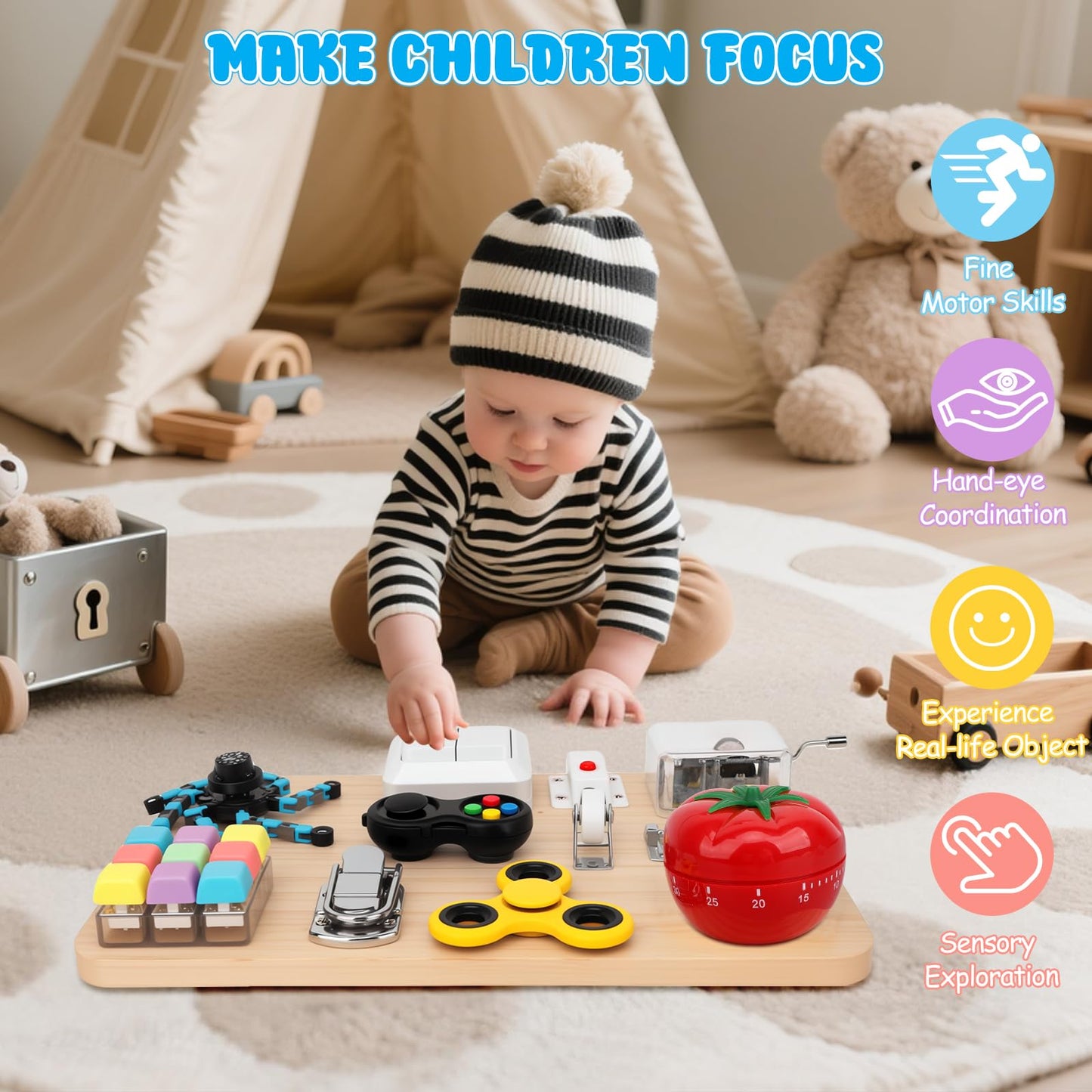 Wooden Busy Board Fidget Pad for Kids Adults, Musical Fidget Spinner for Stress Relief, 11 in 1 Sensory Fidget Toys for Travel, Preschool Learning Activities Fine Moto