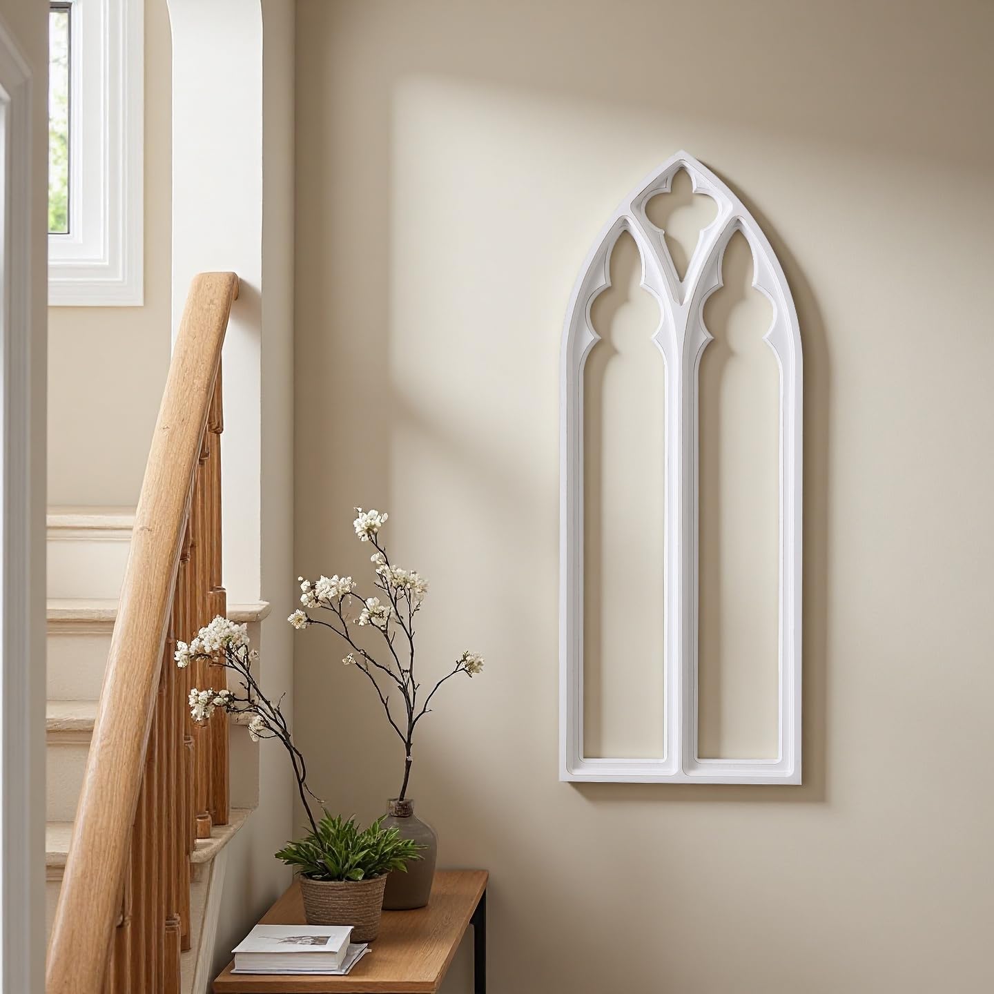Sintosin Rustic Arched Window Frame Wall Decor 40 X 16 Inch, Hanging Distressed White Wooden Cathedral Farmhouse Faux Window Wall Art for Home Decor Living Room Bedroom Kitchen Hallway