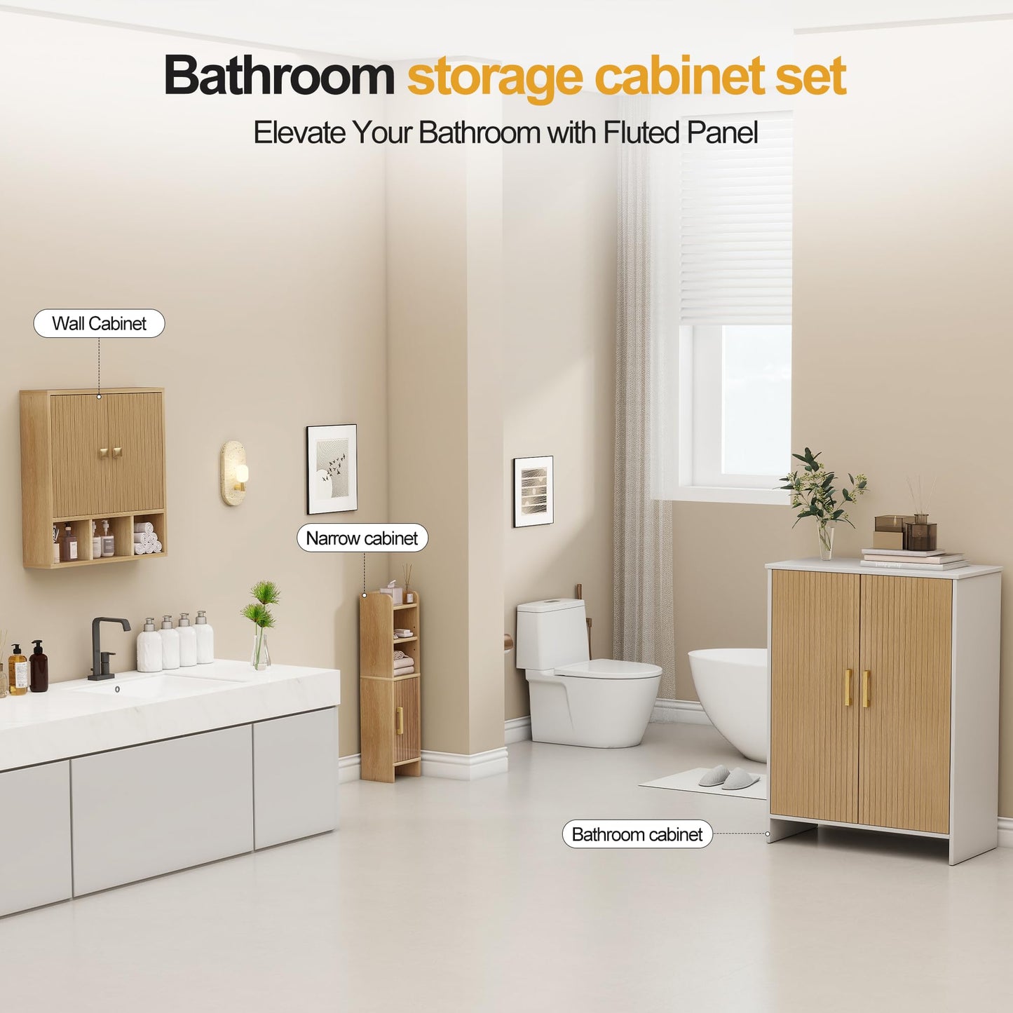 Tltaroni Bathroom Wall Cabinet,Wooden Medicine Cabinet with Fluted Doors Over The Toilet Storage Cabinet with Adjustable Shelf for Bathroom,Wood