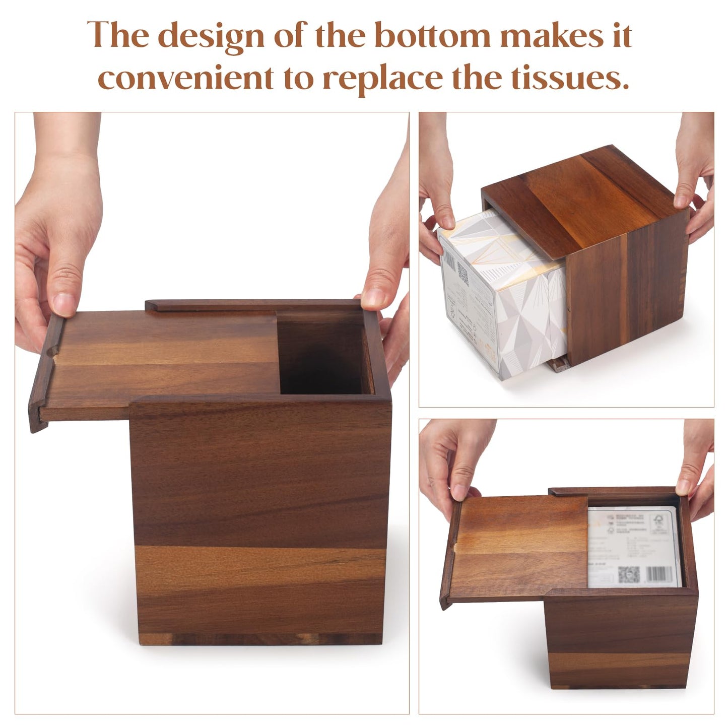 2 Pack Acacia Wood Tissue Box Cover, Square Wooden Tissue Holder for Bathroom, Living Room, Dining Table, Decorative Cube Facial Tissue Box Cover, 5.3 x 5.3 x 5.9 inches