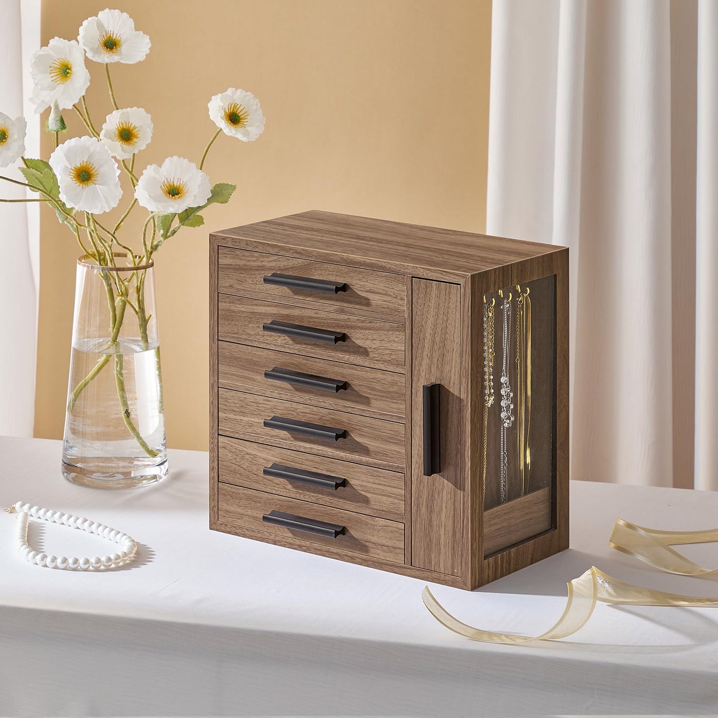 HOOBRO Jewelry Box for Women, Jewelry Organizer Box, 6-Tier Wooden Jewelry Box and 360° Rotating Jewelry Box with Mirror, Jewelry Organizer with 4 Drawers Bundle, BH12JB04-BH31JB04