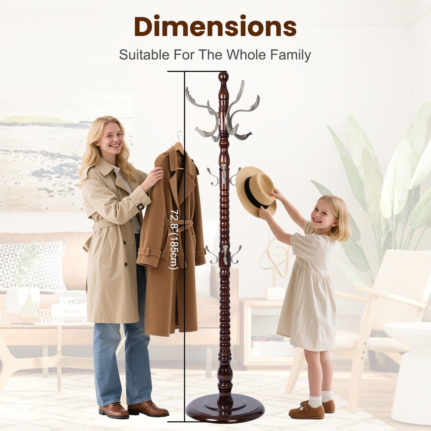 YFYUA Freestanding Coat Rack with 14 Hooks, Sturdy Wooden Hall Tree for Entryway, Heavy-Duty Disc Base,for Hanging Hats, Jackets, Bags, Easy Assembly for Bedroom, Hallway, Office