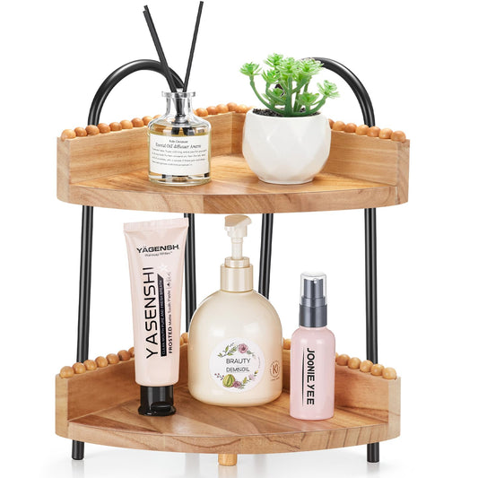 AceOrbit 2 Tier Bathroom Corner Counter Organizer Countertop Organizer, Vanity Counter Corner Shelf for Cosmetic Skincare Perfume, Wood Bead Storage and Organization for Bathroom Kitchen