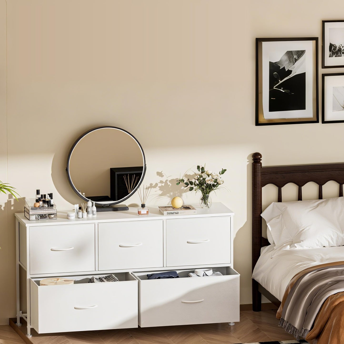 Hexago Dresser with 5 Fabric Drawers, Dressers for Bedroom, Wide Storage Organizer with Metal Frame for Closet, Living Room, Entryway, White