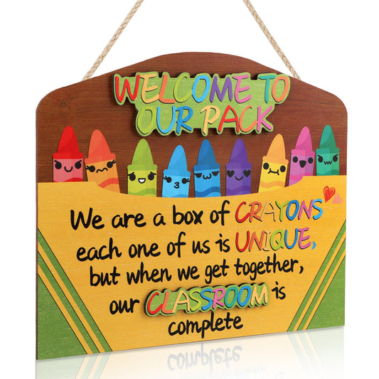 HPNIUB Colorful Crayon Welcome Door Sign Decor(11.4"X9.5") Inspirational Quote Welcome To Our Pack Wall Art, Multicolor Cartoon Back To School Positive Wooden Plaque for Classroom Nursery