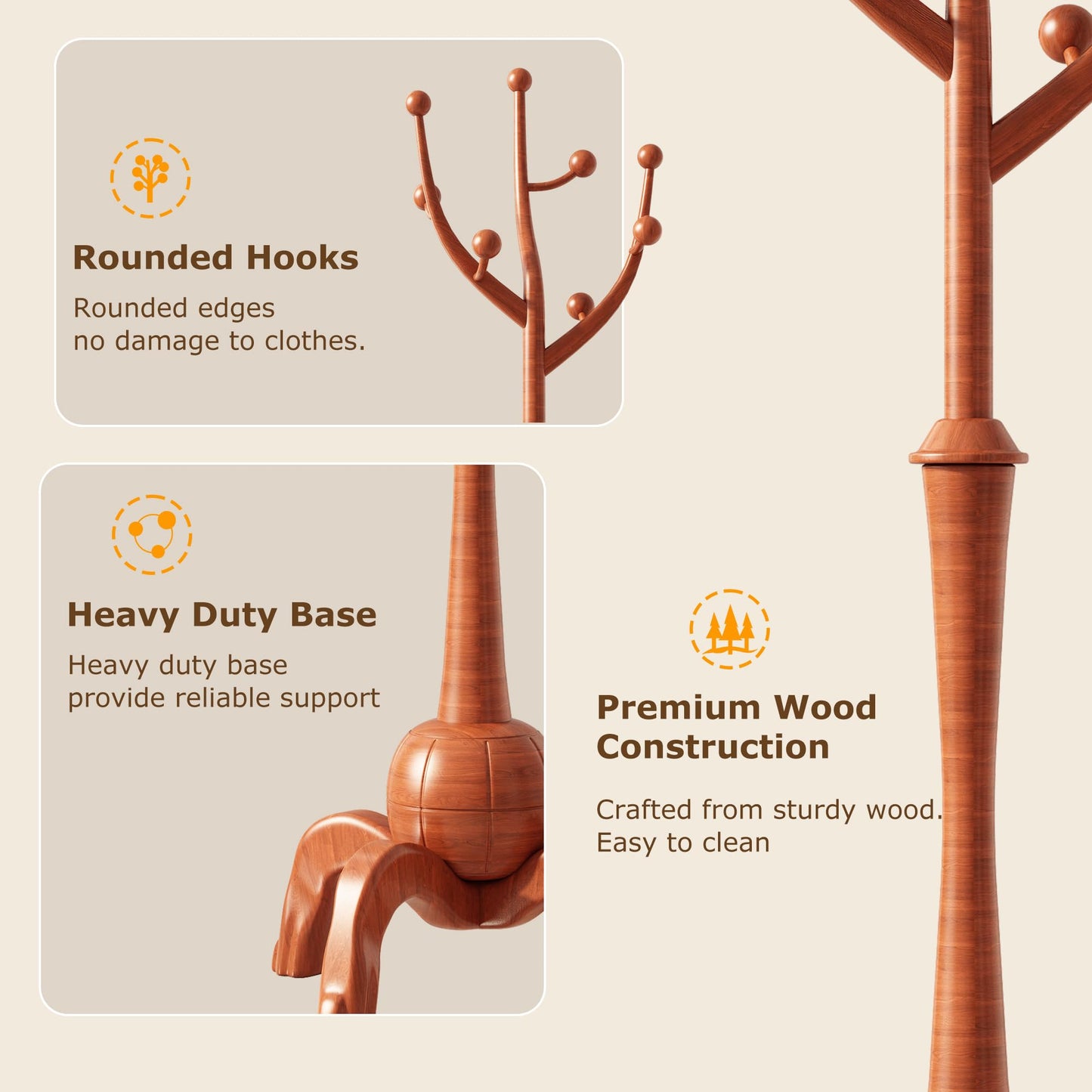 GAMNOF Wood Freestanding Coat Rack with 8 Hooks Coat Tree Standing,Brown