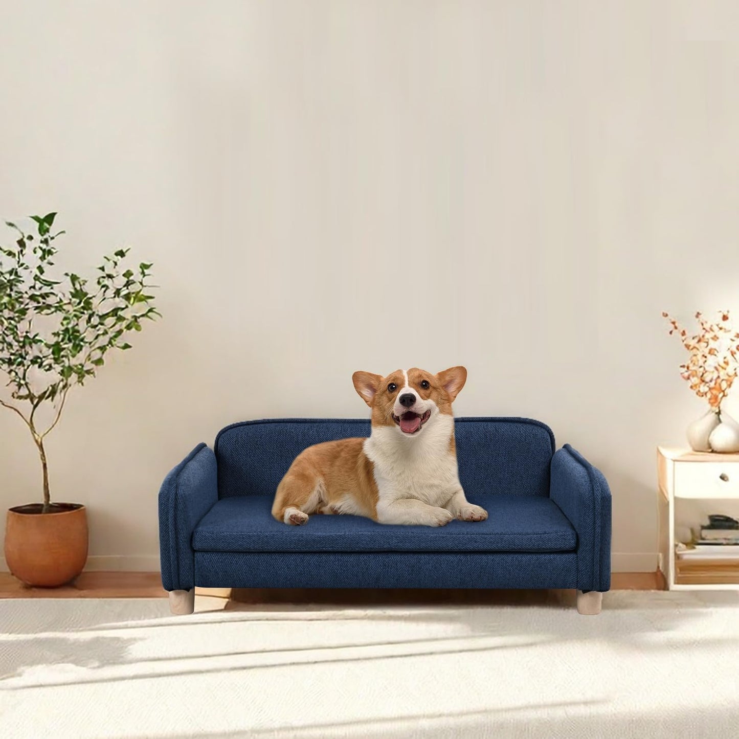 Big Sized Dog Bed -Wooden Frame Pet Sofa Couch, Washable Cushion Cat Couch, Linen Fabric Dog Sofa and Chair for Medium Pet Rest. (Blue)