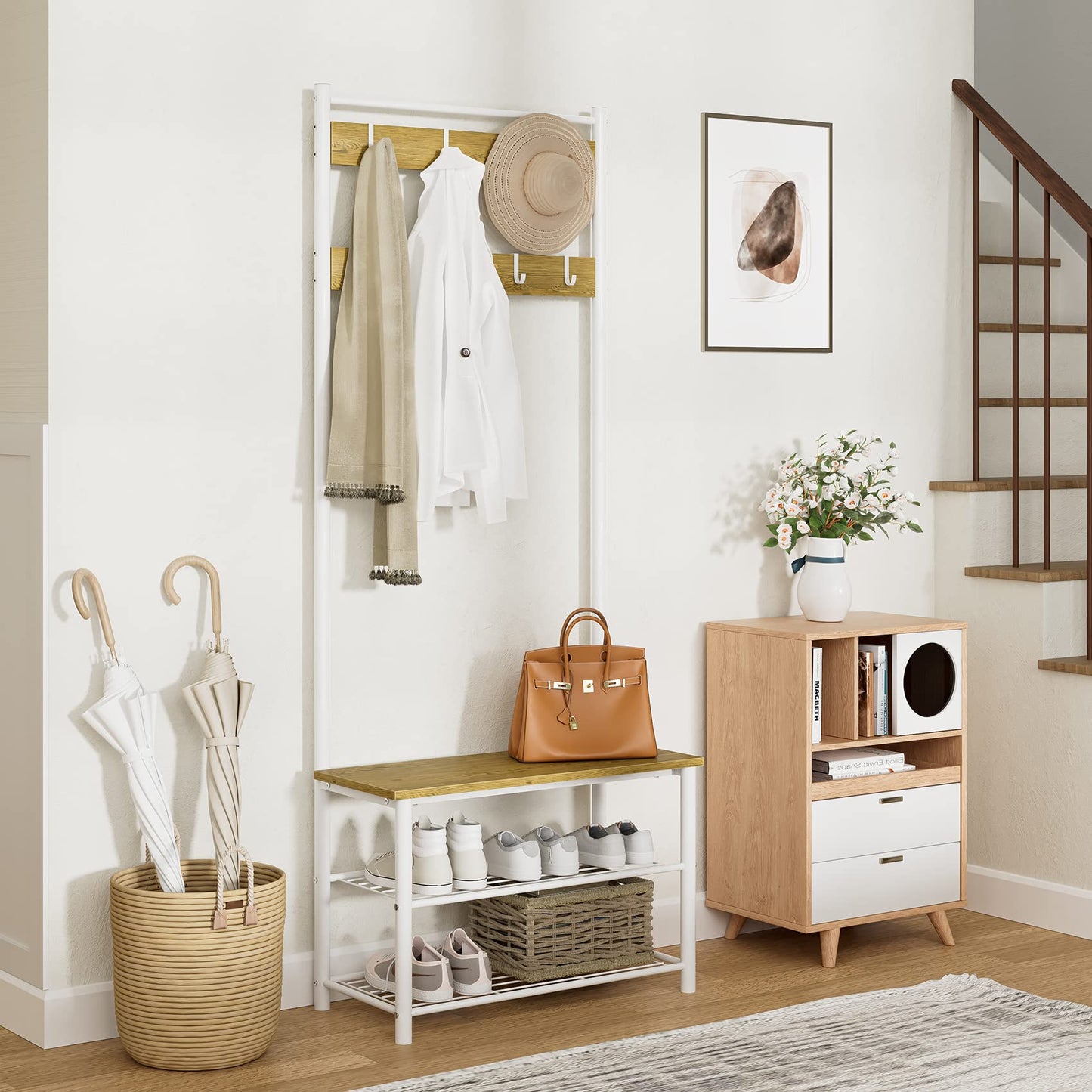 AEPOALUA Hall Tree with Bench and Shoe Storage, 3-in-1 Coat Rack Shoe Bench, Freestanding Wooden Coat Rack with Metal Frame, 3-Tier Storage Shelf and 9 Removable Hooks, White/Walnut