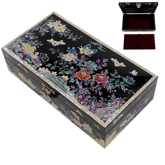 February Mountain Mother of Pearl Jewelry Organizer box - Handmade Large Wooden Box Romantic Anniversary Birthday Gifts for women (Butterflies in Peony Garden)