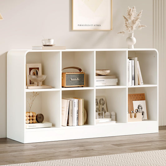 EXPERLAM White 8 Cube Storage Organizer with Rounded Edges and Reinforced Base, Low Horizontal Cube Bookshelf, Wooden Cube Shelf Bookcase for Living Room, Kids Room, Bedroom, TV Stand
