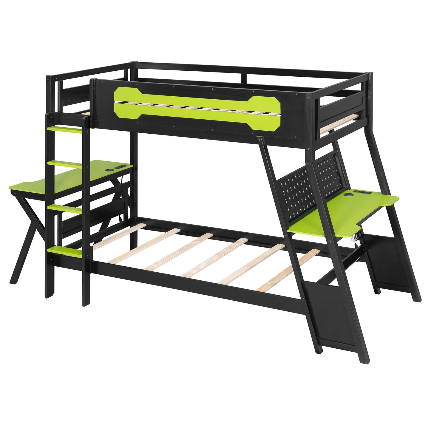 DNYN Gaming Bunk Bed with Dual Built-in Desks and USB Ports for Teens/Adults Bedroom, Twin Size Wooden Bed Frame with Pegboard Organizer/Ladder/Guardrails, No Box Spring Needed & Space-Saving