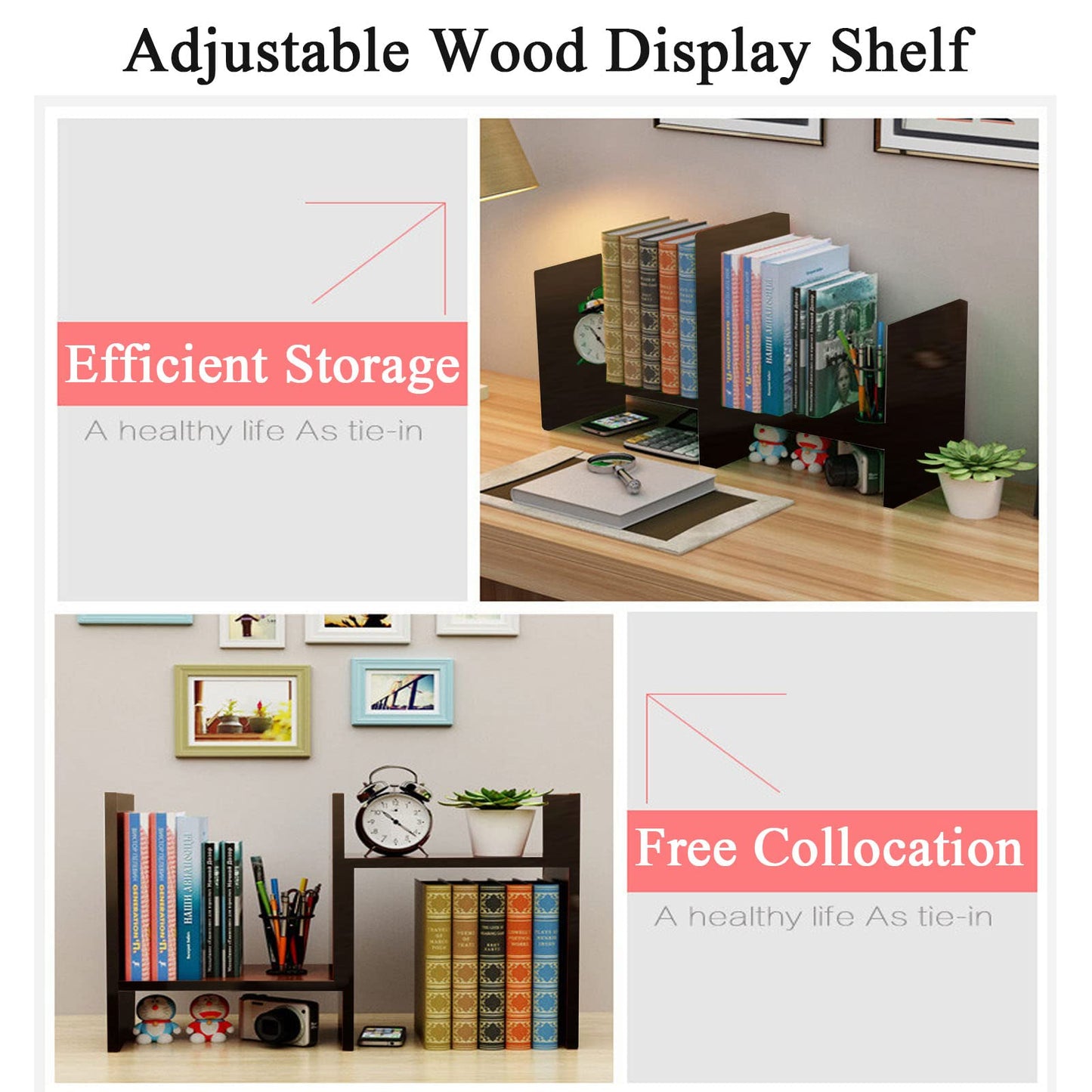 VOVCIG Desktop Organizer Expandable Office Storage Rack Adjustable Wood Display Shelf Rack Small Bookshelf Office Supplies Storage Shelf, 5 Units(Dark Brown)