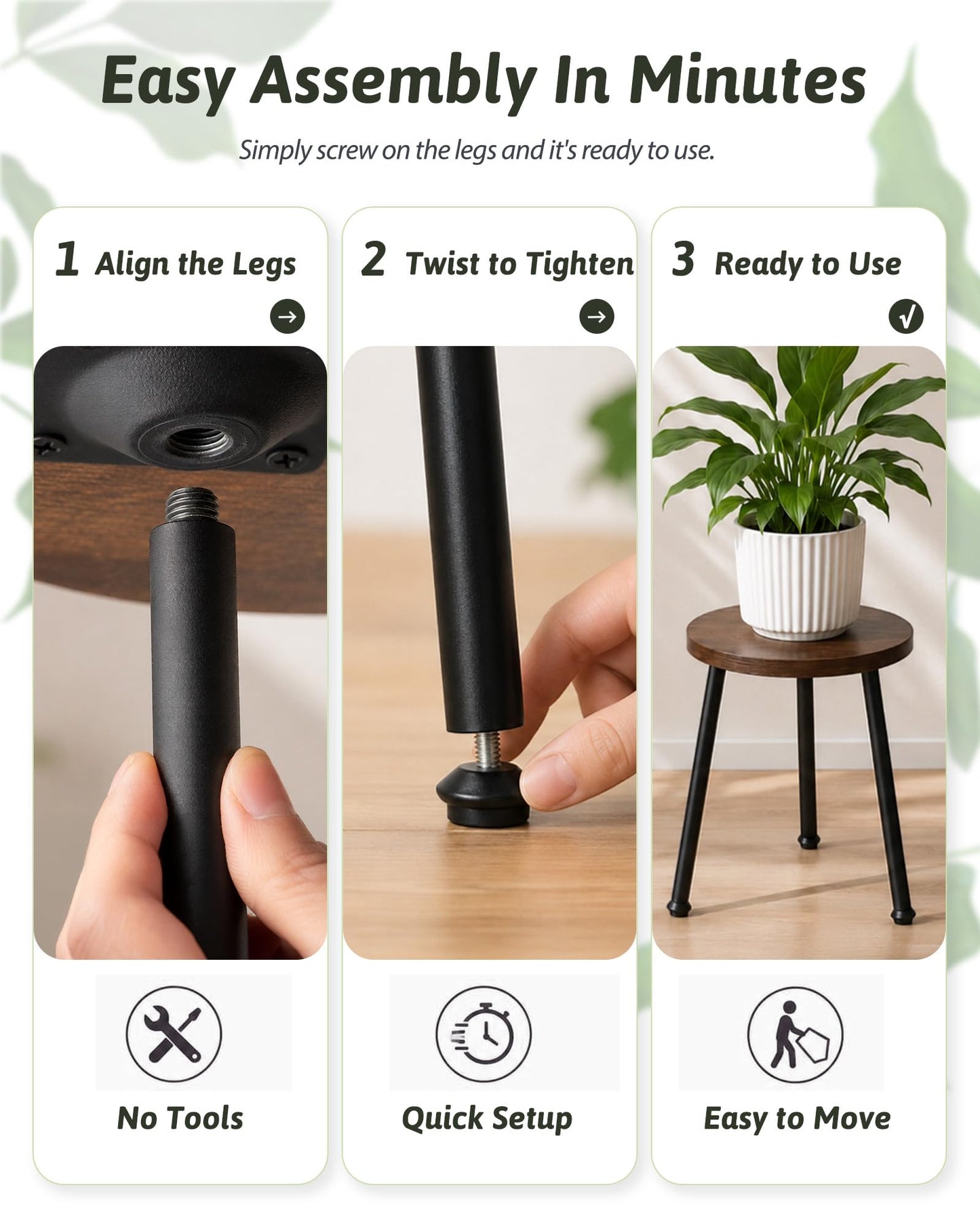 GENTINGBRO 5 Pack Wood Plant Stands Indoor, Round Plant Stool Set with Iron Legs, Heavy Duty Plant Stand Table, Wood and Metal Flower Pot Stand for Living Room, Bedroom, Balcony, Brown/Black