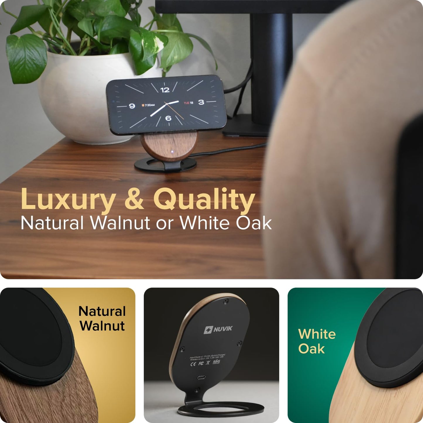 ARK Uno - Solid Wood MagSafe Stand Magnetic Wireless Charging Station w/Adapter & USB to USB C15W Wireless Charger. for iPhone 12-17 & Some Samsung. Home, Office, Kitchen,Best Mens Gifts!