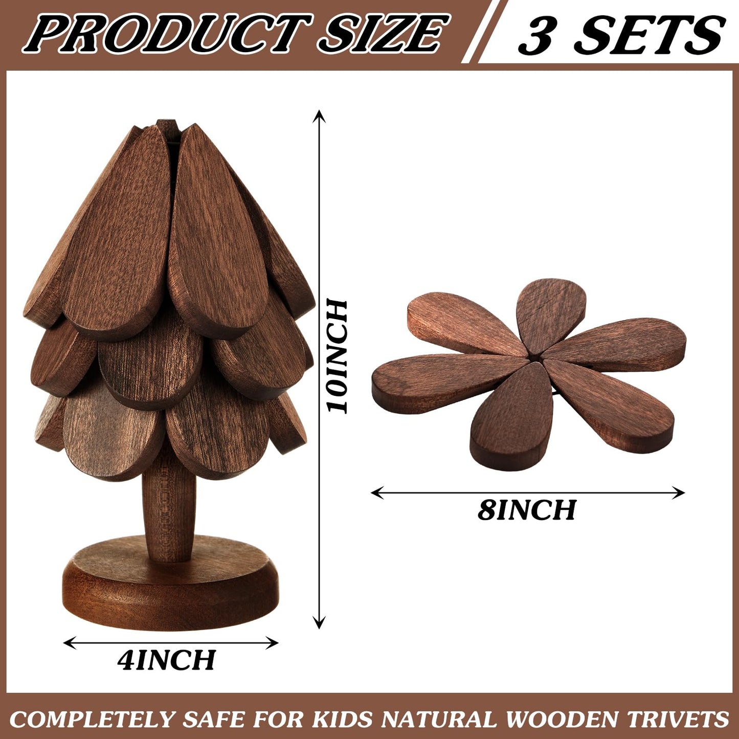 Suzile 2 Set Wooden Trivets - Tree Shape Foldable Heat Resistant Pads for Teapot Pans Bowl Kitchen (3 Layers)
