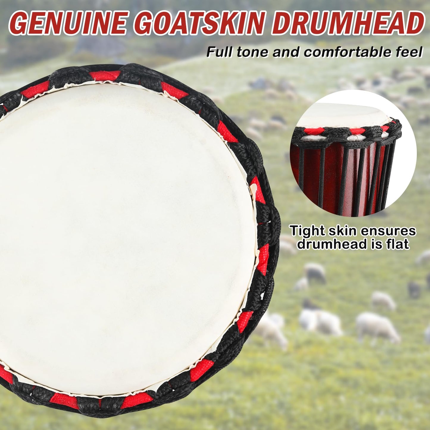 GOGHOST Mini Wood Djembe Drum, 4.5'' x 8''Carved Mahogany African Drums with Goatskin Drumhead, West African Styled Professional Small Djembe Hand Drum Musical Instruments for Beginners