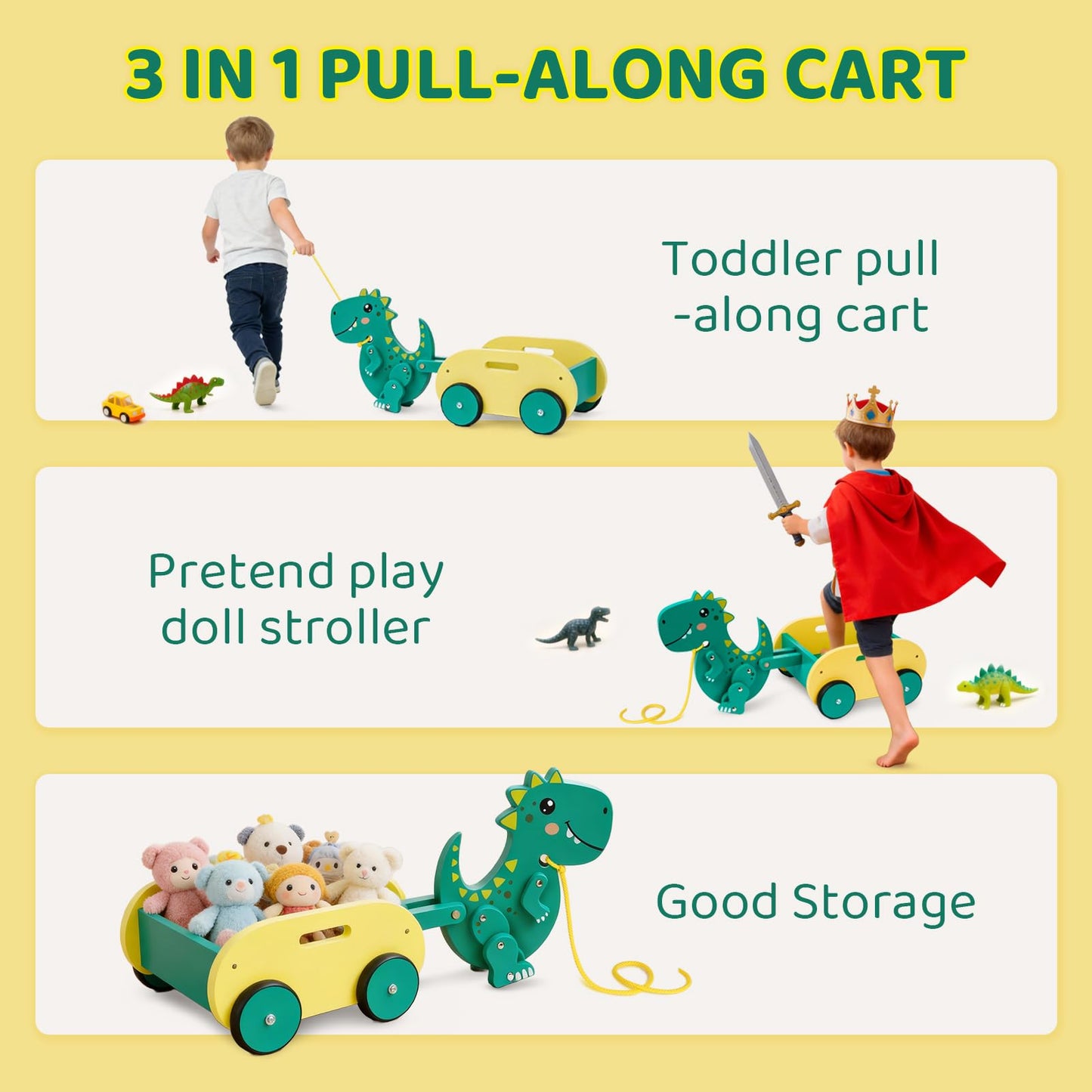 Wooden Walking Pull Along Wagon for Kids Dinosaur Toys Car Rolling Cart for Toddlers Montessori Toys Gift for 1 2 3 4 Years Old Boys Girls