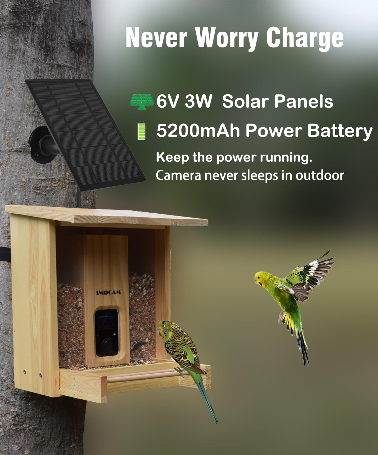 IMOCAM Smart Wooden Bird Feeder with Camera-Solar Power,Bird AI Identifier,1080p HD,5200mAh Battery,3.5L Extra Large,Twin Seed Bins
