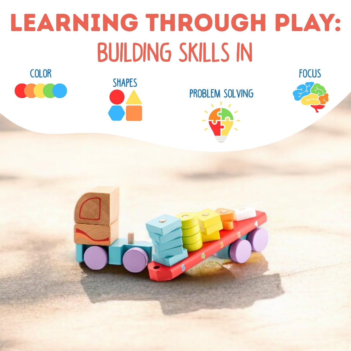CUBIKA Wooden Geometric Shapes Truck– Montessori Toy for Toddlers Ages 3+– Shape Sorter and Stacking Truck Building Toy– FSC-Certified Wood, German Water-Based Paints, Travel-Friendly