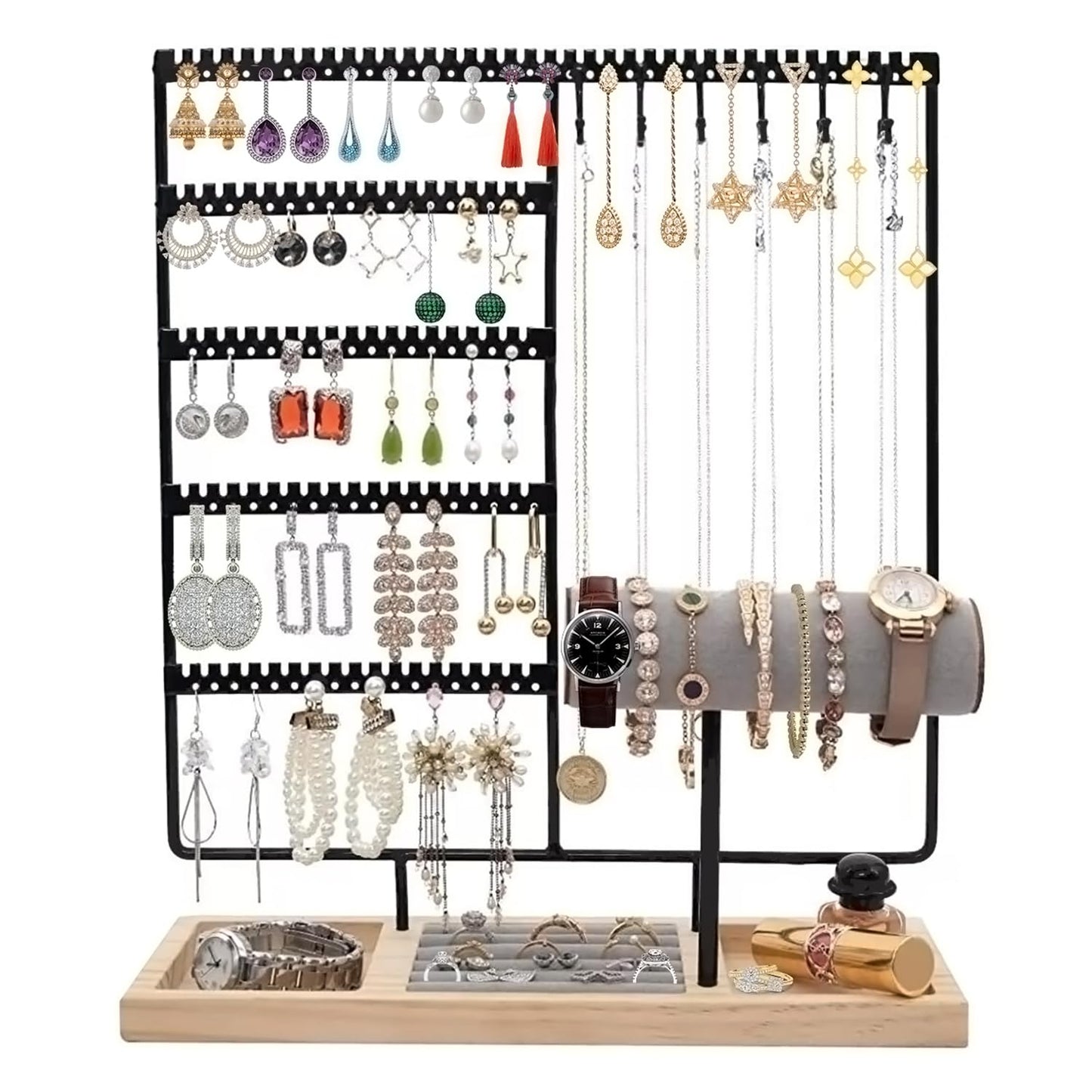 HINIHAO Earring Holder,5-Tier Ear Stud Holder with Wooden Tray, Jewelry Tower Rack with 108 Holes, 12 Hooks Necklaces Hanging, for Bracelets Earrings Rings Watches (Black)