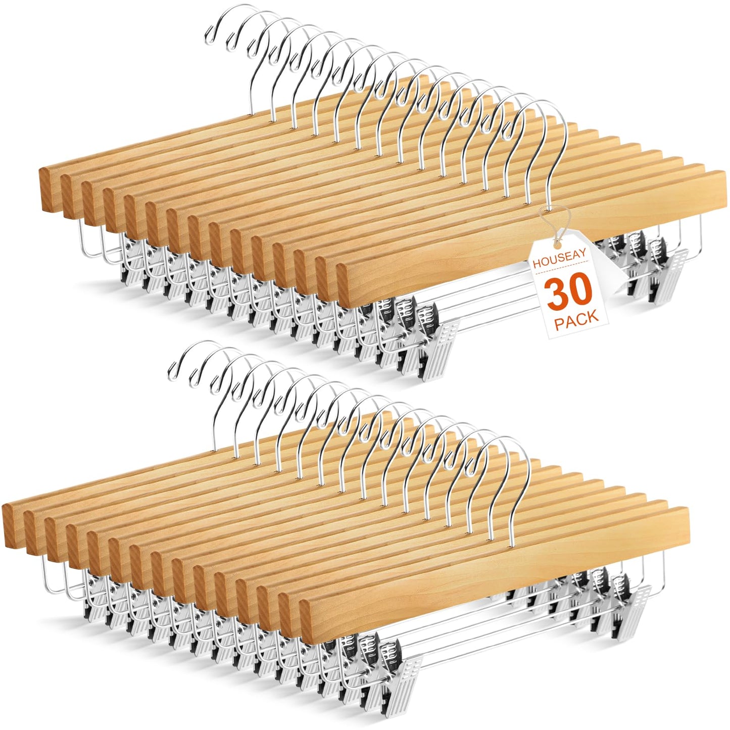 Sieral 30 Pack Wooden Pants Hangers with Clips Solid Wood Skirt Suit Coat Hangers with 2 Adjustable Clips 360 Degree Swivel Hook for Trousers Jeans Slacks Shorts Bottom, 14 Inch(Natural,Stylish)