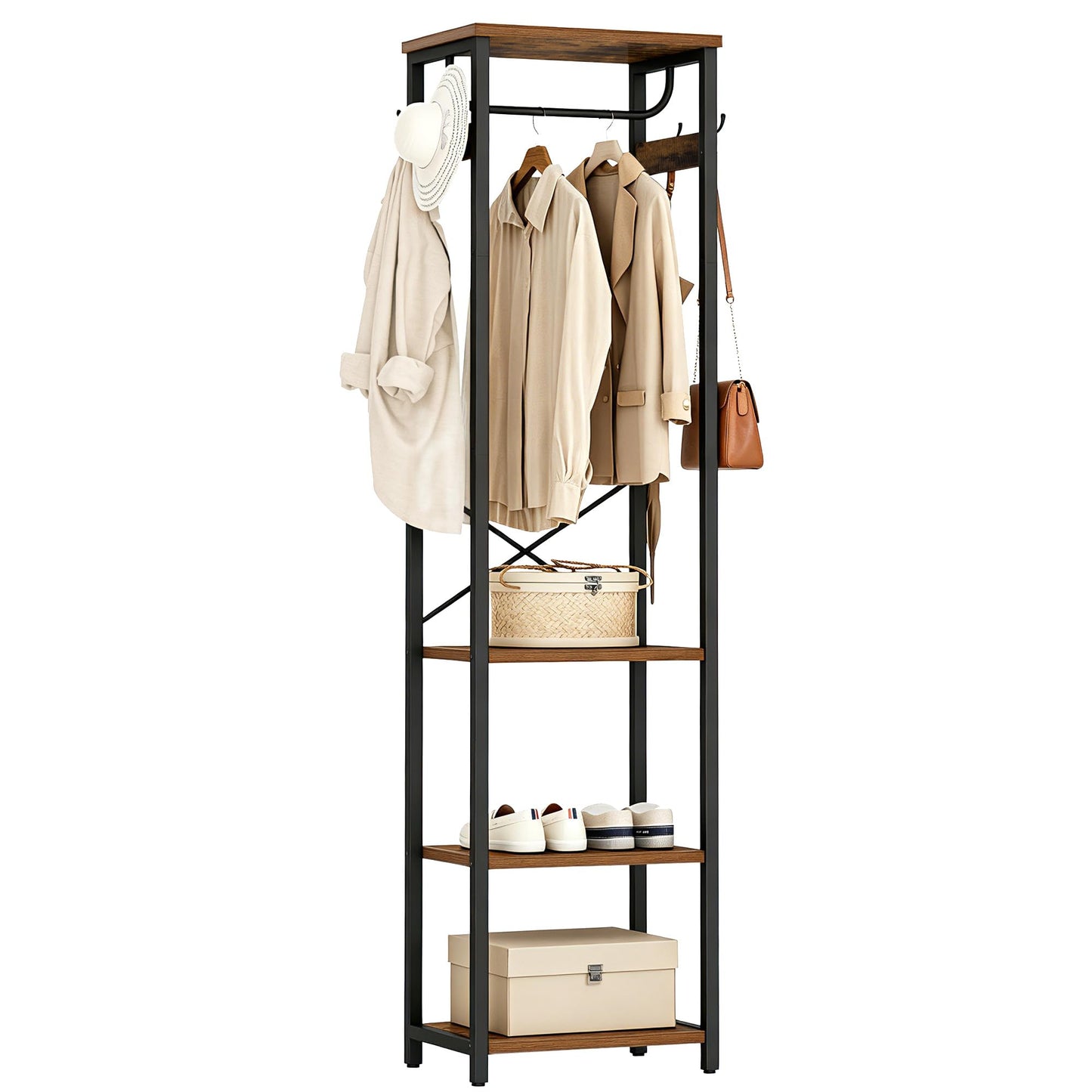 Cerlyunzan Coat Rack with Hanging Rod, Garment Rack with 3 Wooden Shelves and 4 Hooks, Freestanding Hall Tree, Industrial Clothes Rack Stand Organizer, Rustic Brown and Black