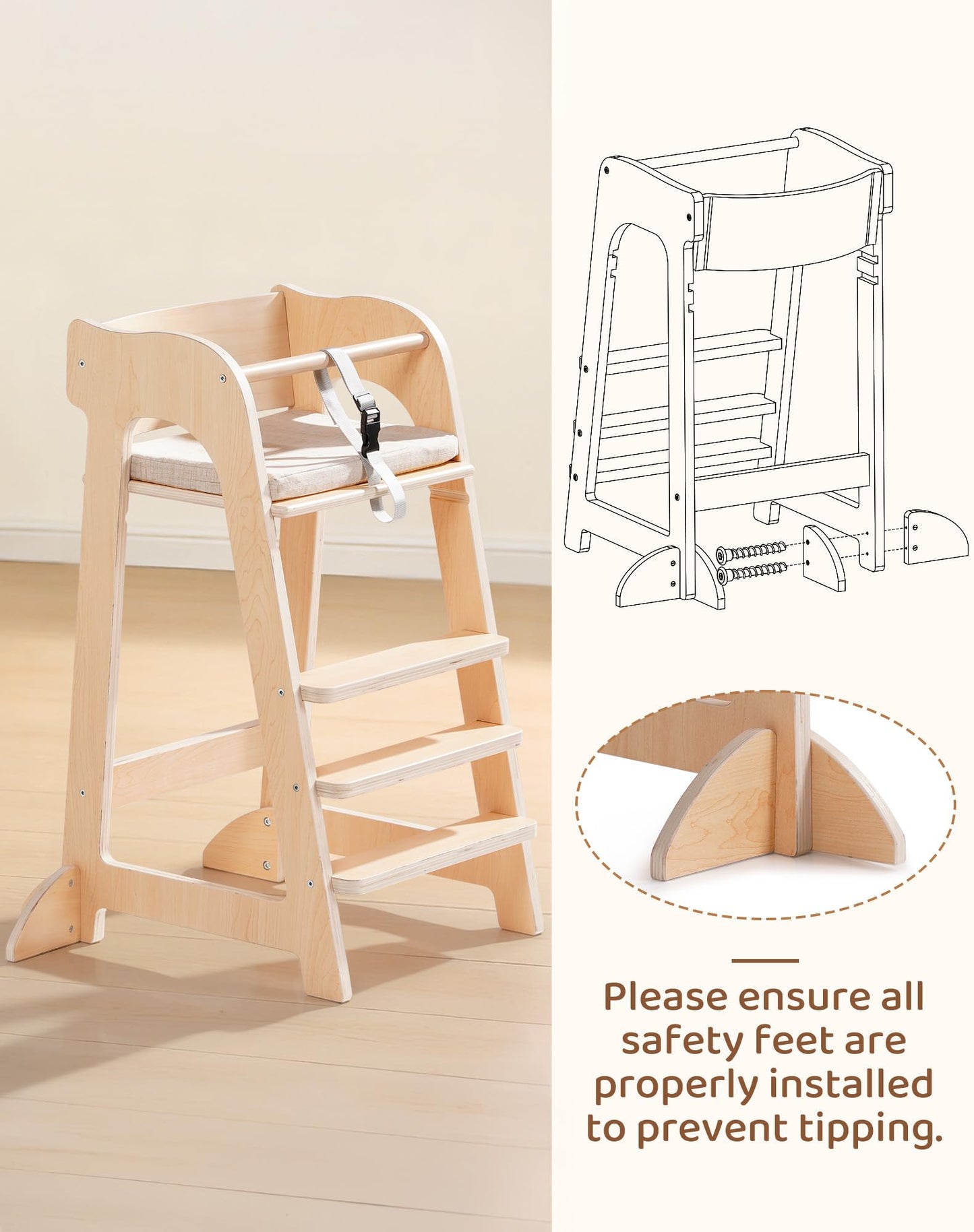 ROBUD Wooden High Chair for Toddlers, Highchair for Adjustable Seat Height & Footrest Levels, High Chairs for Babies and Toddlers with Removable Cushion for Nursery, Dining, Studying, Restaurant,WG419