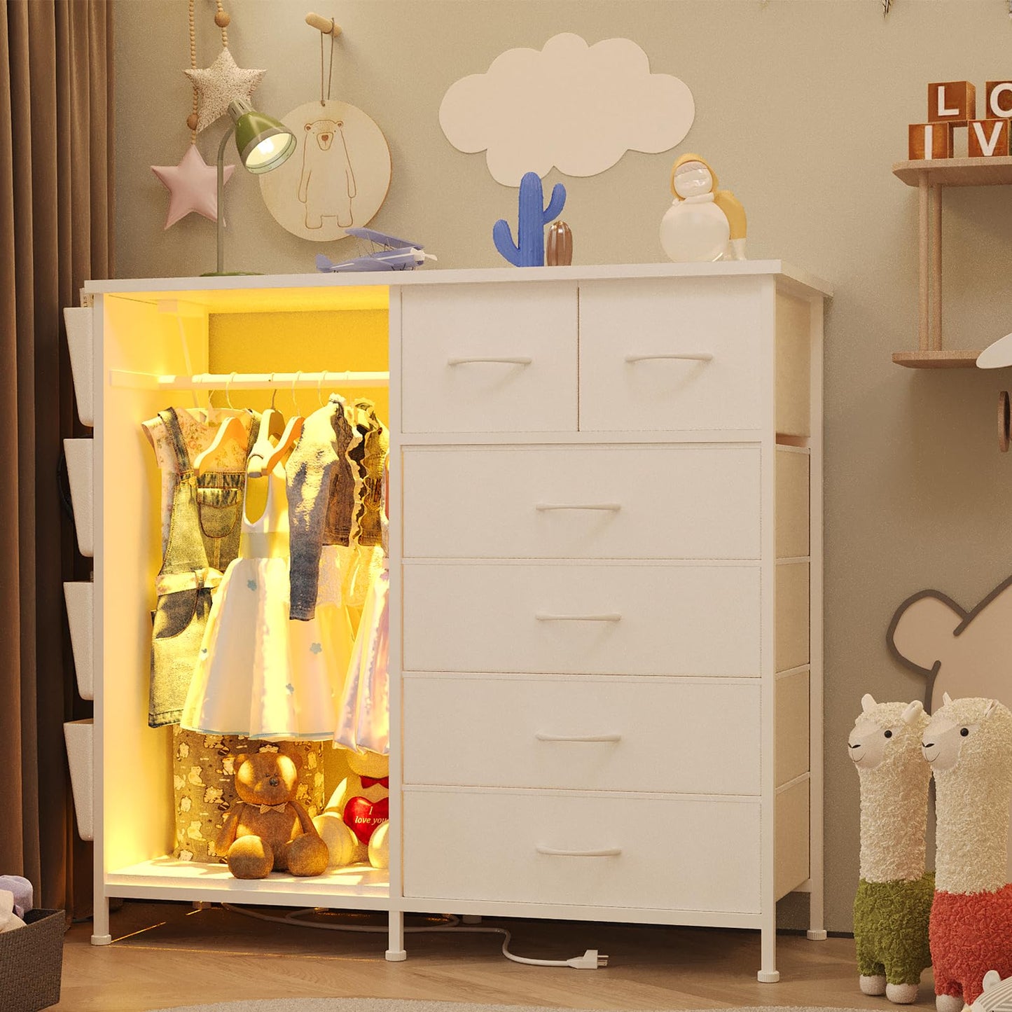 WODRAWER 6 Drawer Dresser for Bedroom with Clothes Rack, Clothes Dresser with Side Pockets and Hooks, Charging Station & LED Lights, Wooden Top, Fabric Storage (White)