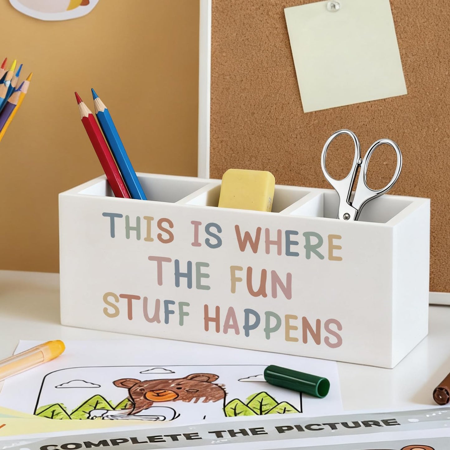 ELMCH Boho Classroom Pen Pencil Holder for Kids, Boho Playroom Wood Desk Organizer and Accessories, This Is Where the Fun Stuff Happens Pen Holder Desk Organizer for Kids Classroom Playroom Tabletop