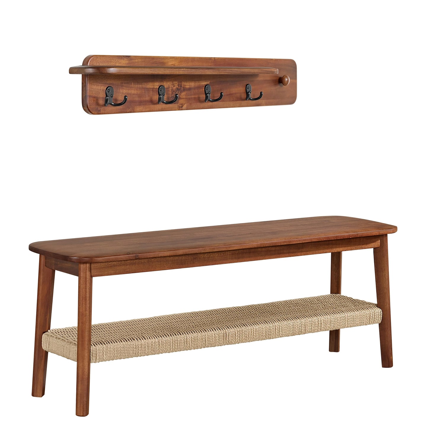 Alaterre Furniture Calais Collection Entryway Bench and Coat Rack - Solid Acacia Wood Mid-Century Modern Entryway Furniture (Chestnut)