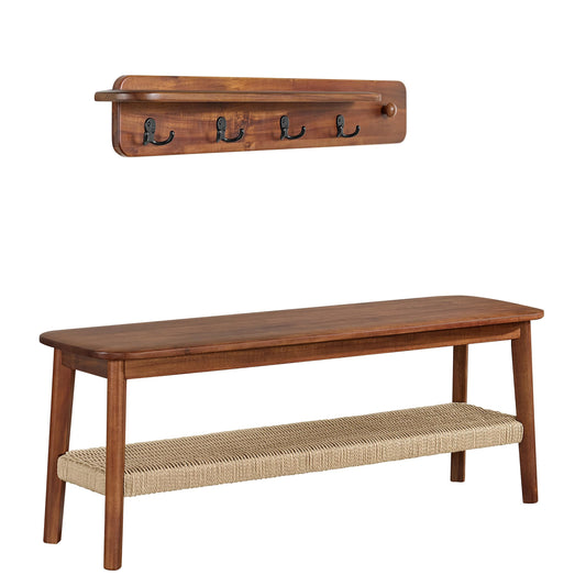 Alaterre Furniture Calais Collection Entryway Bench and Coat Rack - Solid Acacia Wood Mid-Century Modern Entryway Furniture (Chestnut)