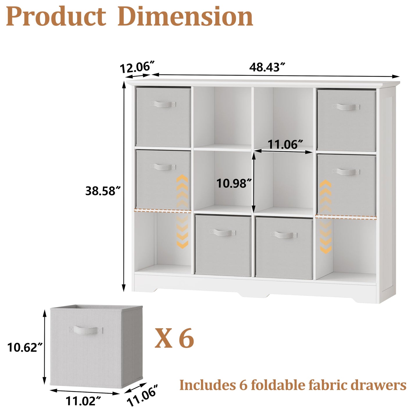 METOTI 12 Cube Storage Organizer Shelf, Wood Cubby Storage with 6 Fabric Drawers, 3 Tier Wooden Bookshelf with 2 Adjustable Shelves & Fluted Side Panels for Bedroom, Living Room, Home Office, Whtie