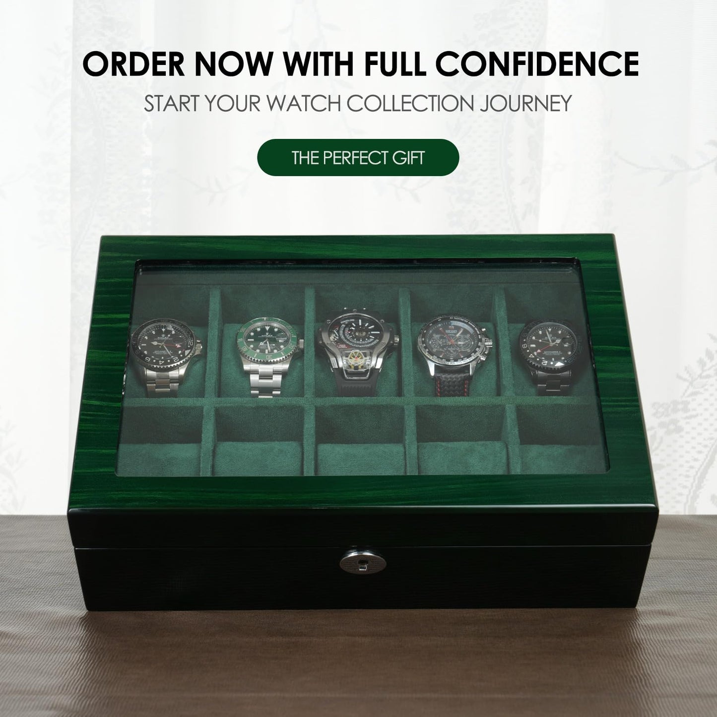 SYENS Watch Box for Men 10 Watches Storage Organizer Case, Smart Watch Display, Green Wood with Soft Suede Interior, Large Glass Window, Gift for Women and Man (10W-GR)