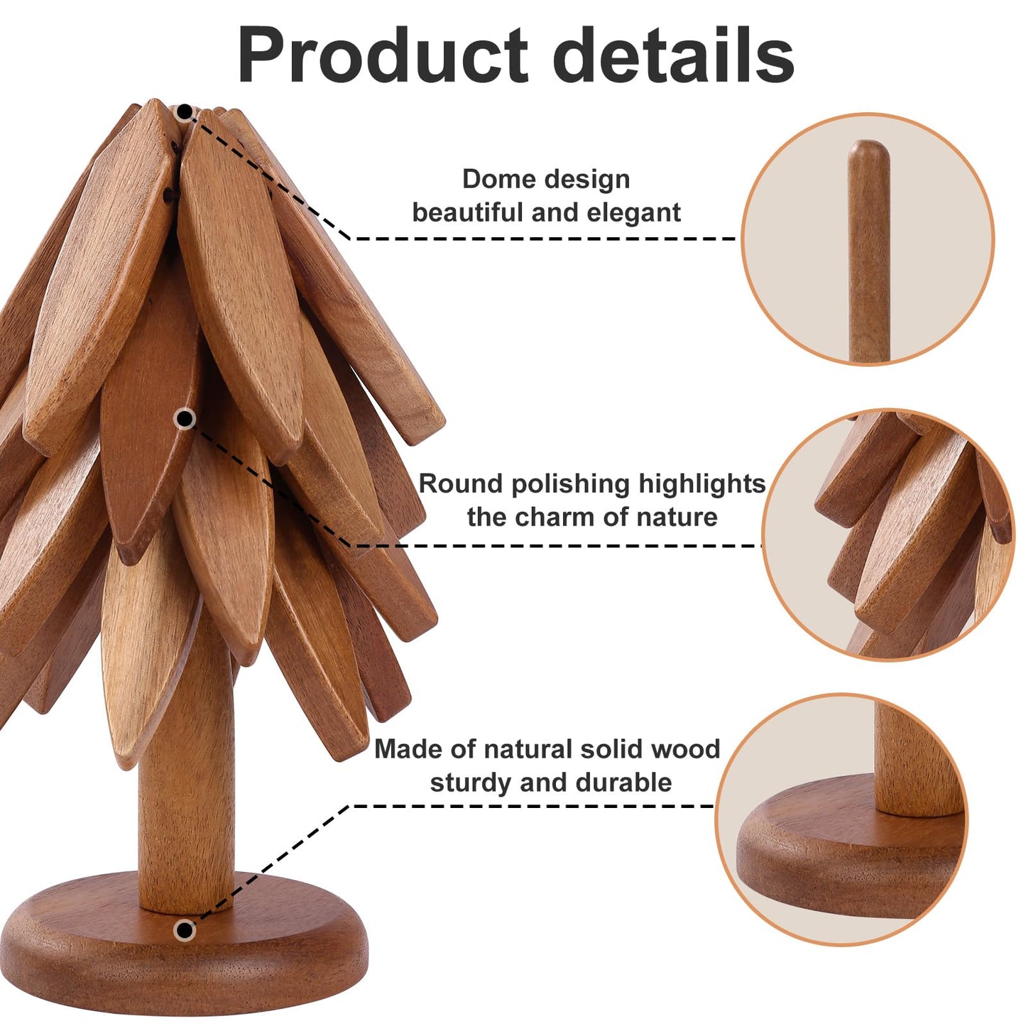OKOM Wooden Trivets for Hot Dishes - 4+1 PCS Tree Shape Set, Foldable Hot Pot Holders for Kitchen Decor and Use (Beech)