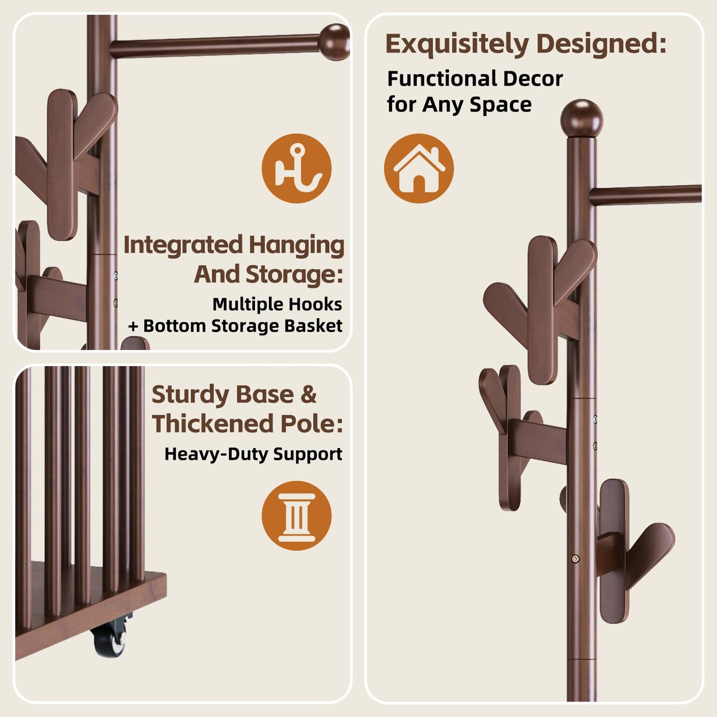 Cactus Freestanding Wooden Coat Rack with Storage Basket,Walnut Coat Rack with Hooks and Wheels,Space-Saving Entryway Organizer for Hanging Clothes,Bags and Storing Towels,Bedroom, Living Room