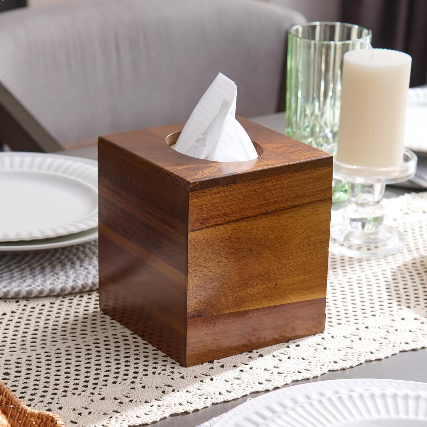 2 Pack Acacia Wood Tissue Box Cover, Square Wooden Tissue Holder for Bathroom, Living Room, Dining Table, Decorative Cube Facial Tissue Box Cover, 5.3 x 5.3 x 5.9 inches