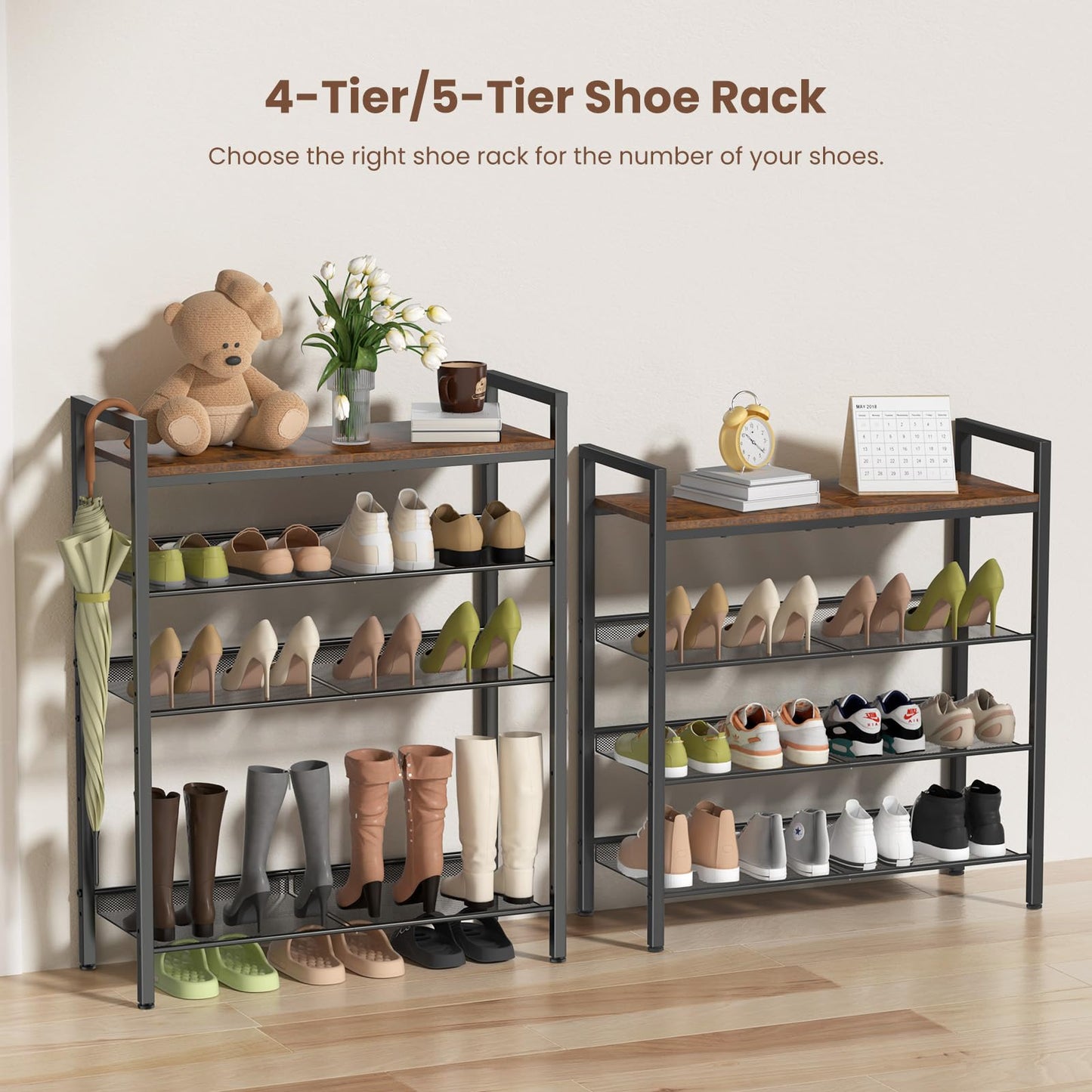 BASICS4ALL 4 Tier Shoe Rack for Entryway, Metal Shoe Rack Heavy Duty with Wooden Top & Adjustable Mesh Shelves, Shoe Storage Organizer for Front Door Entrance/Closet/Bedroom/Dorm/Garage
