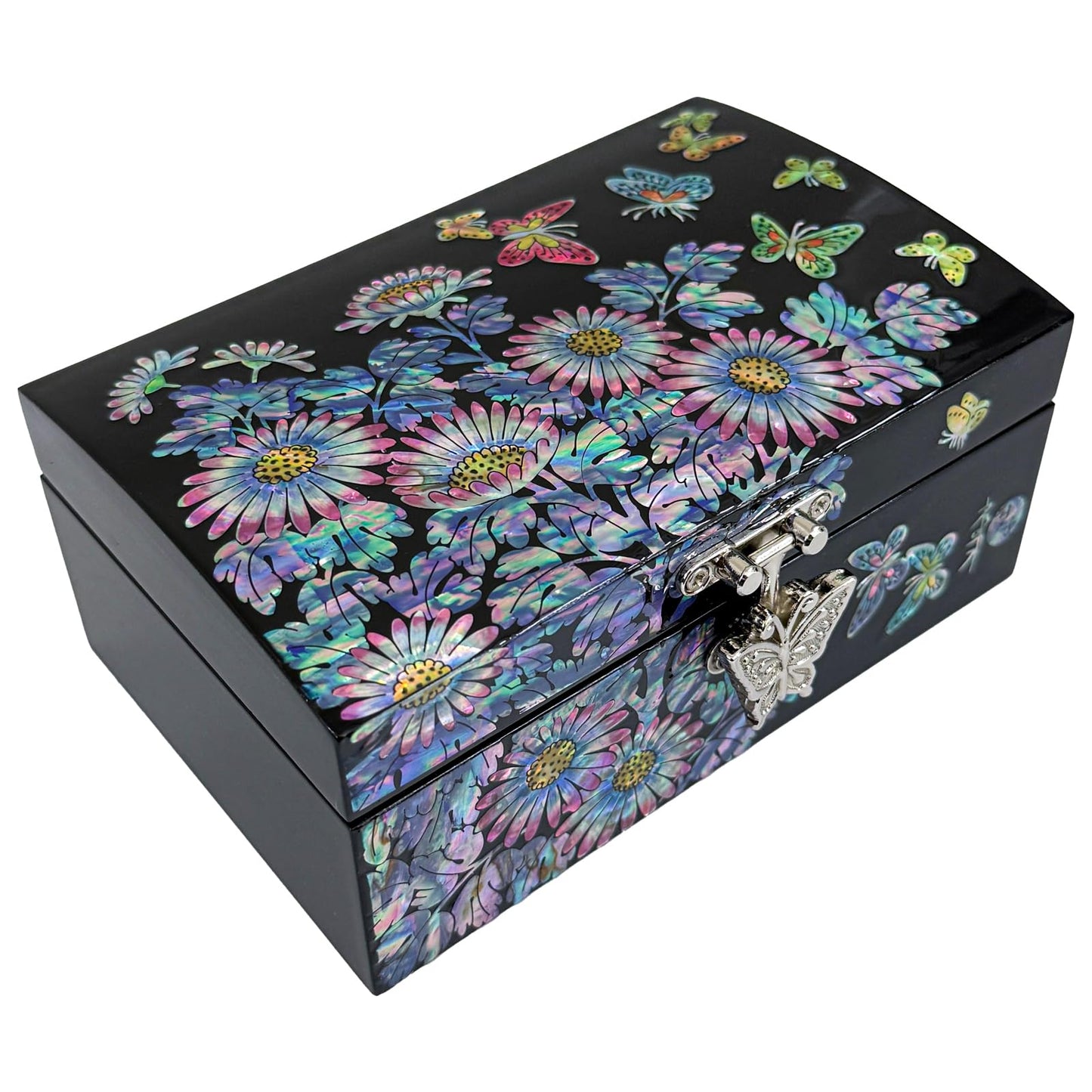 Nacreh Mother of Pearl Inlay Jewelry Box, Wooden Trinket Organizer with Compartments for Rings, Necklaces, Decorative Keepsake Gift for Women (Chrysanthemum)