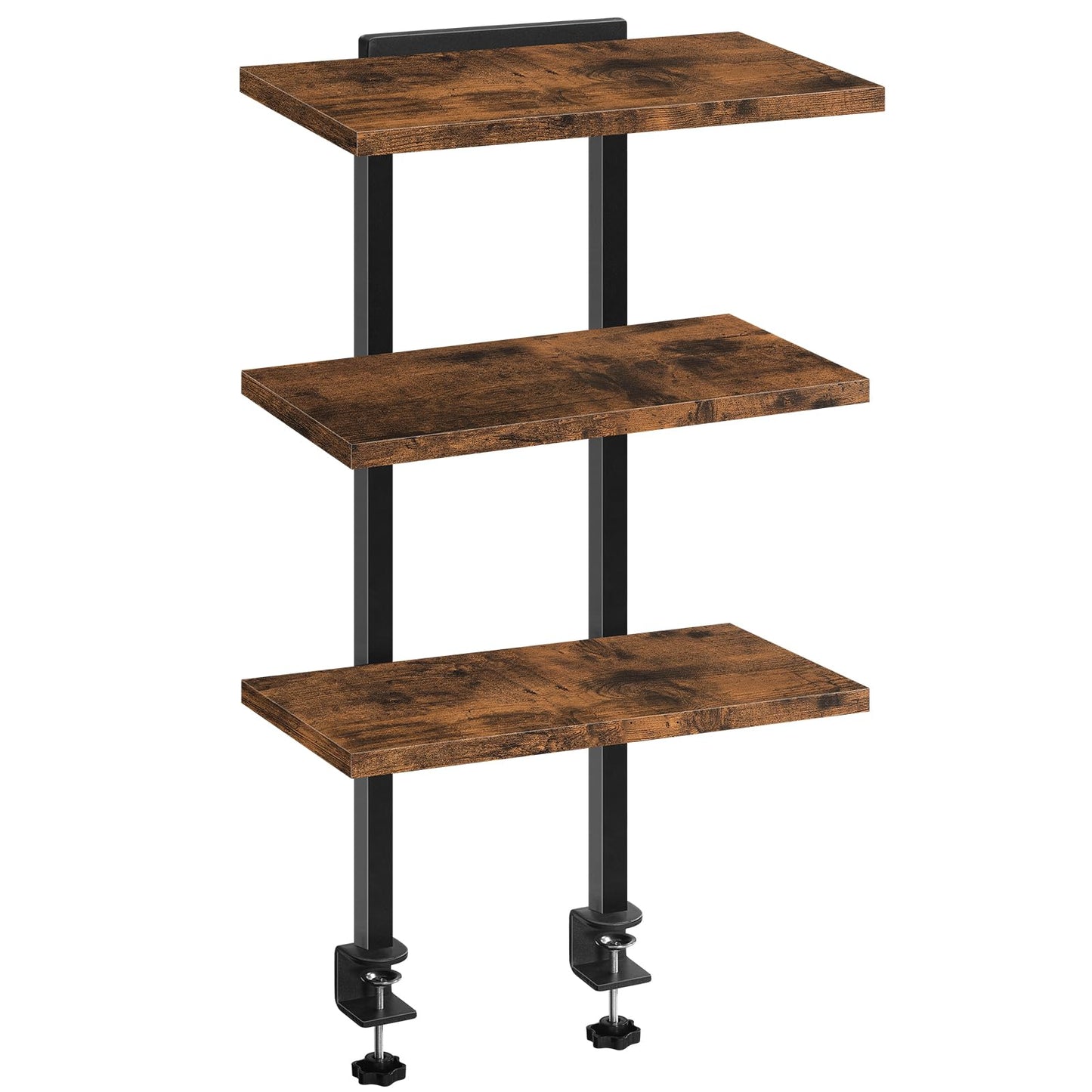 MAHANCRIS Clamp On Desk Organizer, 3-Tier Desktop Bookshelf, Adjustable Desk Storage Shelf, Metal Frame, for Office, Study and Game Room, Rustic Brown DSHR3601
