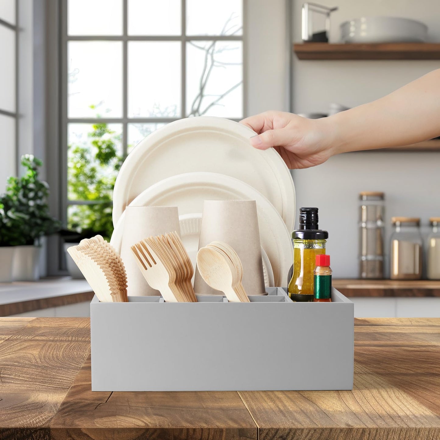 GCWSTJK Wood Utensil Holder for Party, 6-Compartment Paper Plate Organizer with Handles, Wooden Silverware Caddy for Picnic, Camping, BBQ, Buffet, and Kitchen Countertop Organization, Gray