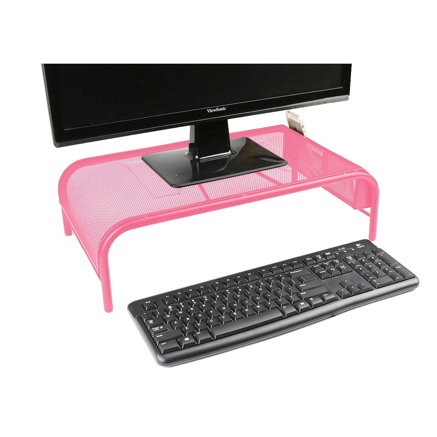Mind Reader Monitor Stand, Ventilated Laptop Riser, Desktop Organizer, Side Storage, Metal Mesh, 20" L x 11.5" W x 5.5" H, Pink