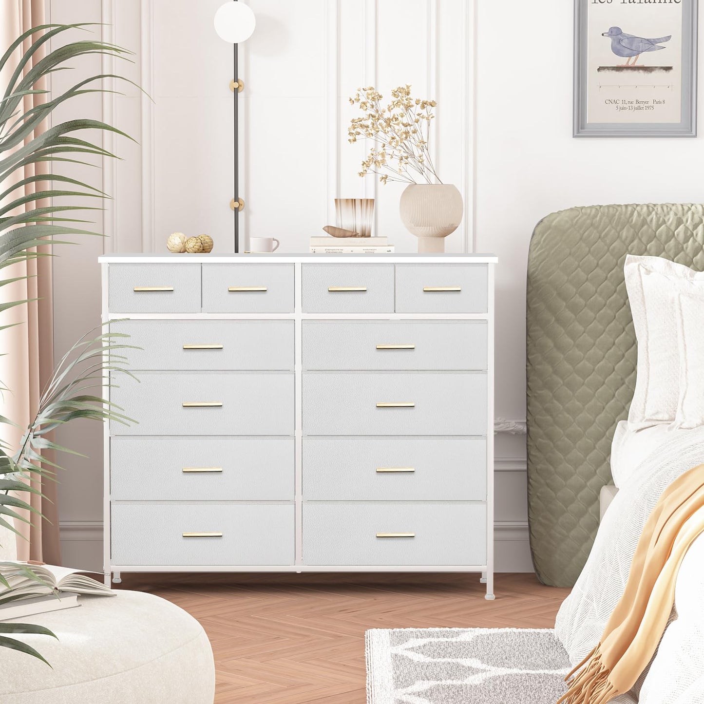 VASICAR Chest of Drawers for Bedroom with 12 Deep Drawers Tall Fabric Dresser, Storage Cabinet for Closet, Nursery, Bedside, Living Room, Entryway, Hallway (White)